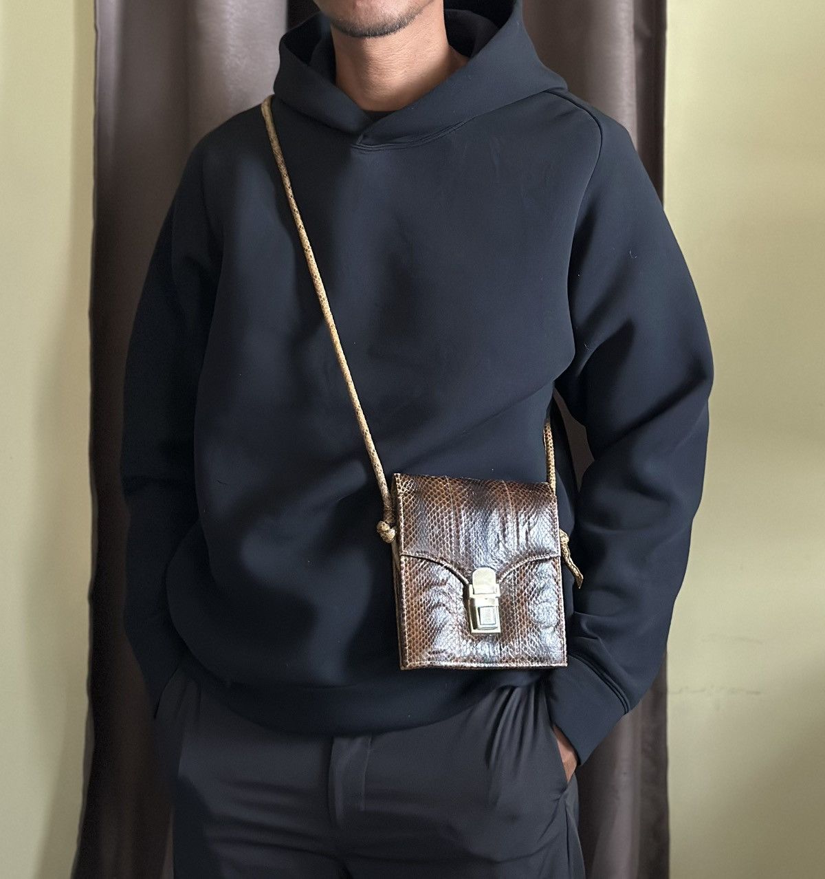 Snake Skin Leather Japan Handcraft Crossbody Bag in Brown, Men's
