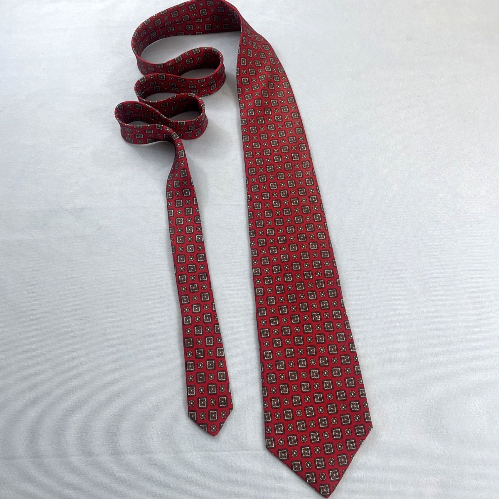 Vintage Brookville Collection Silk Wide Multi-Print Medallion vtg 80s Red Necktie 3.7x59 Size ONE SIZE - 3 Thumbnail