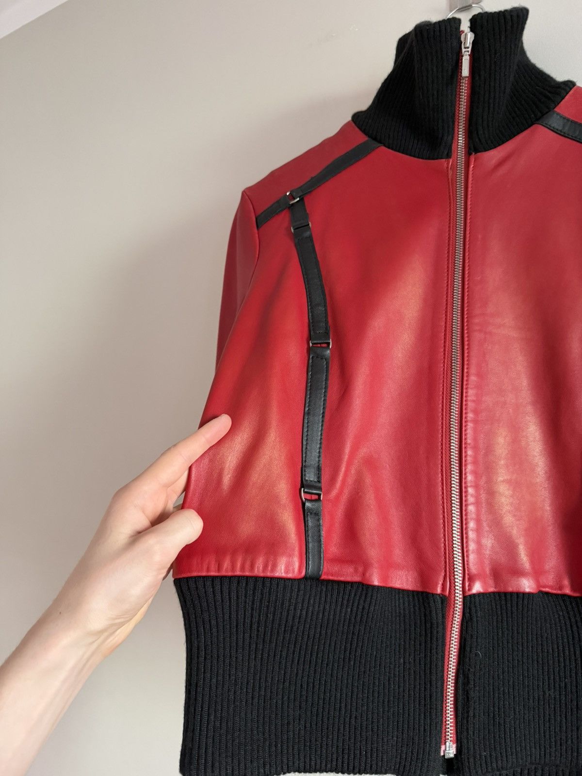 Japanese Brand Red Leather Jacket High Neck Pearl Sheen Strap Detail Size S / US 4 / IT 40 - 4 Thumbnail