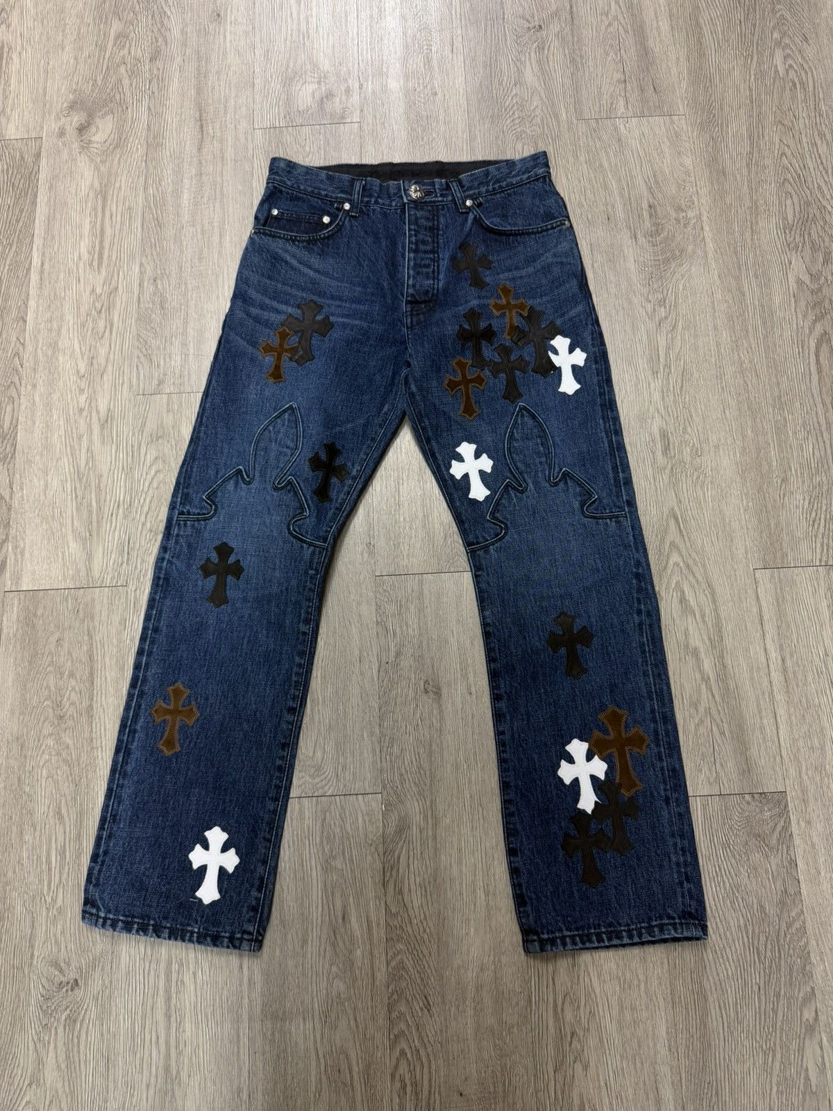 Chrome Hearts Chrome Hearts Navy Brown Black White Fleur Jeans Size US 31 - 1 Thumbnail