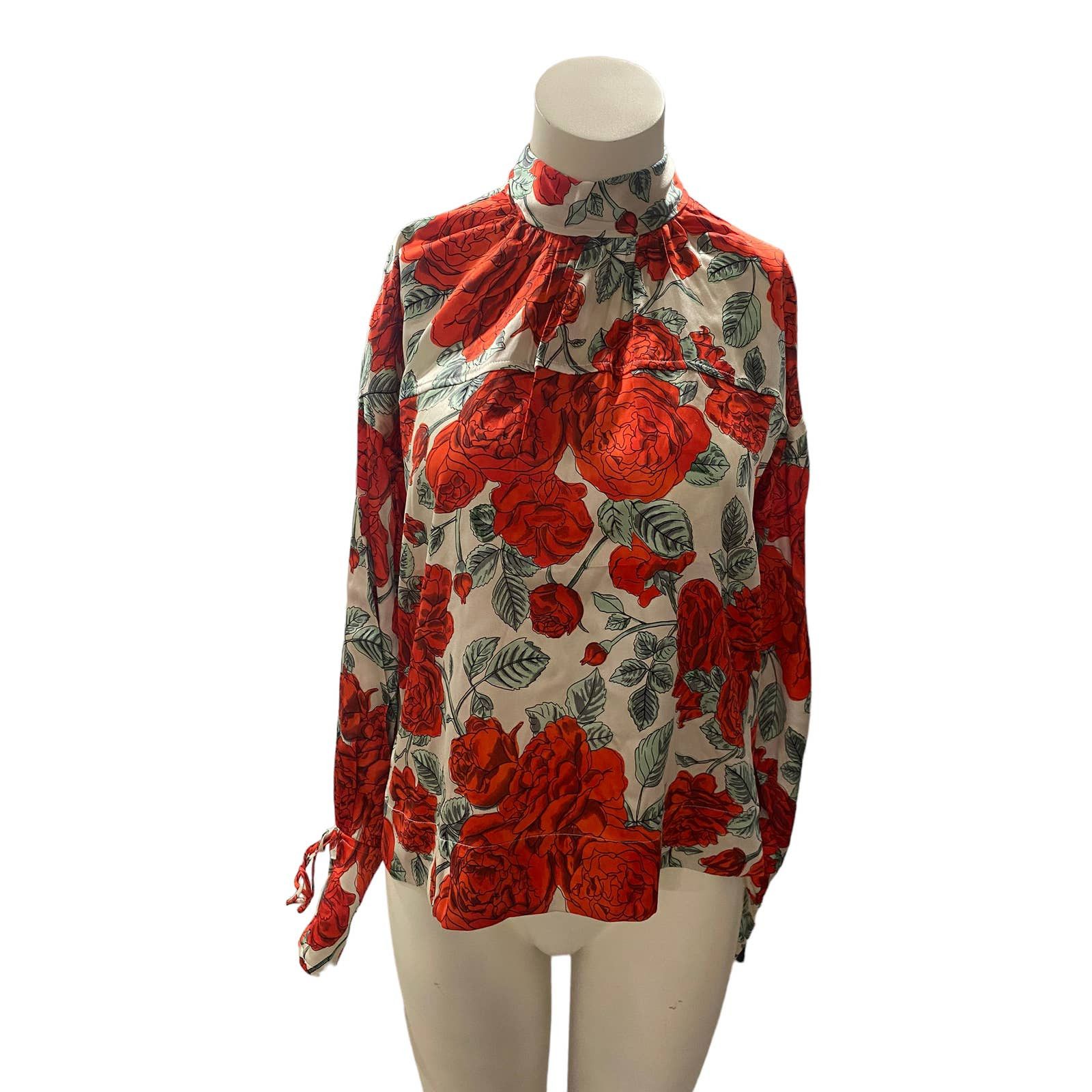 image of Ganni Floral Oversized Tie Neck Rose Silk Tie Sleeve Blouse in Red, Women's (Size XS)