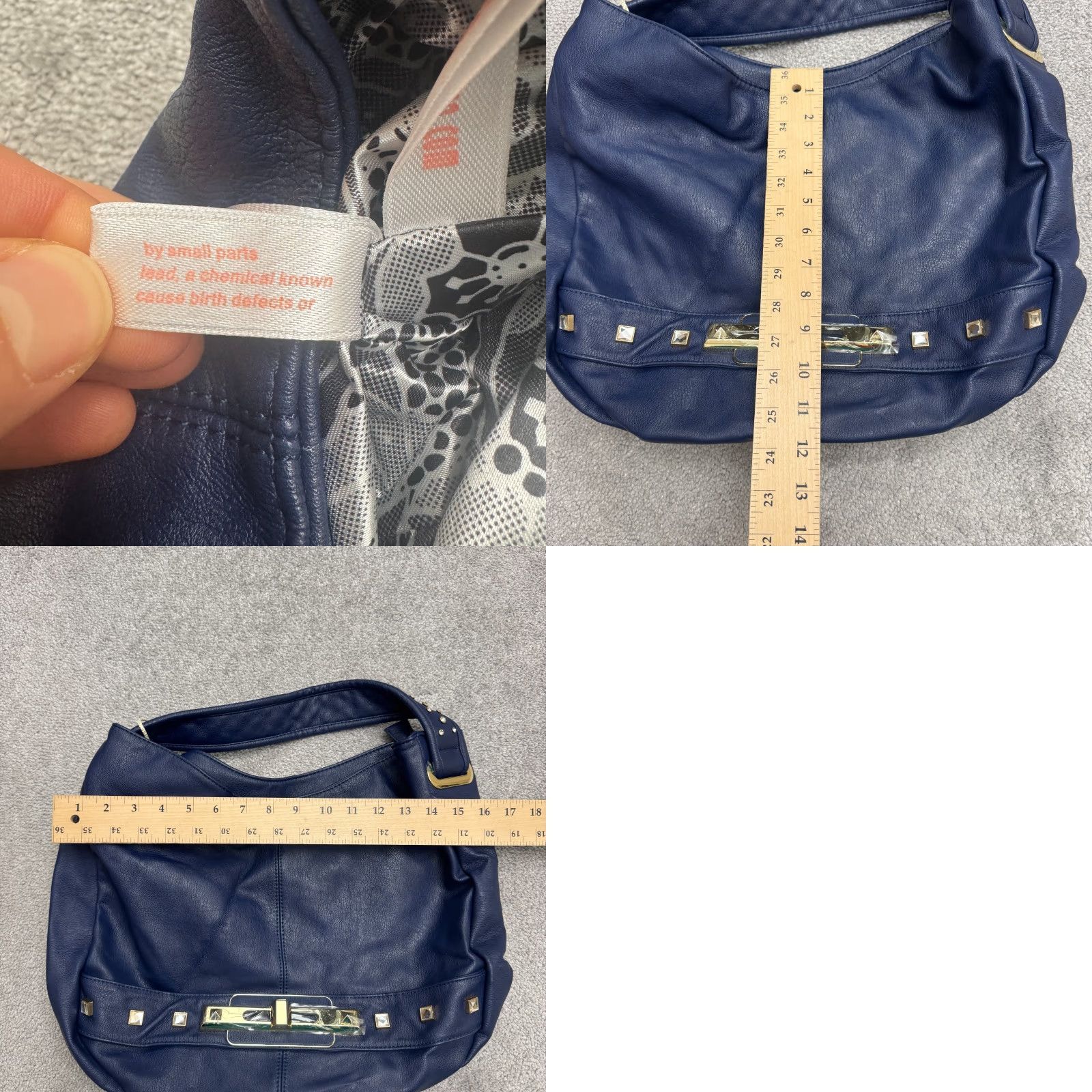 Vintage Imoshion Hobo Bag Women Navy Blue Gold Studded Faux Leather Turn Lock Medium Size ONE SIZE - 9 Thumbnail
