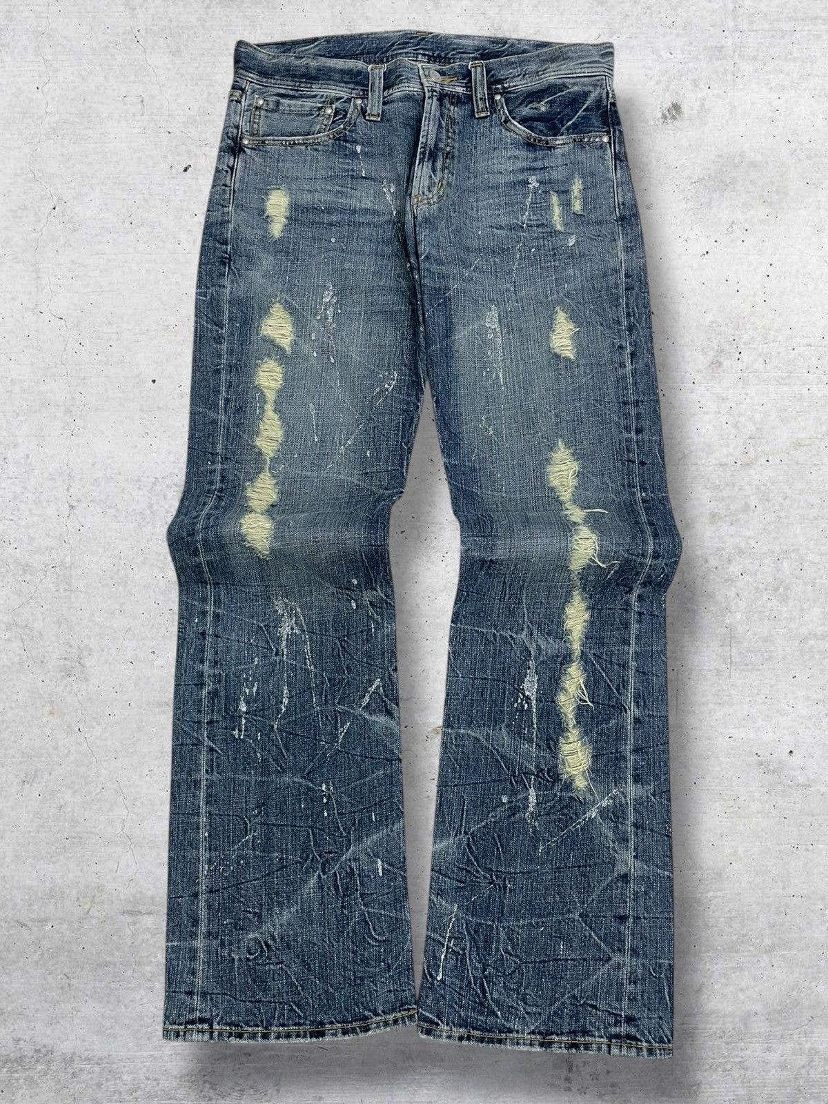 VINTAGE JAPAN FLARED RIPPED DISTRESSED SPLASH SEMANTIC DENIM