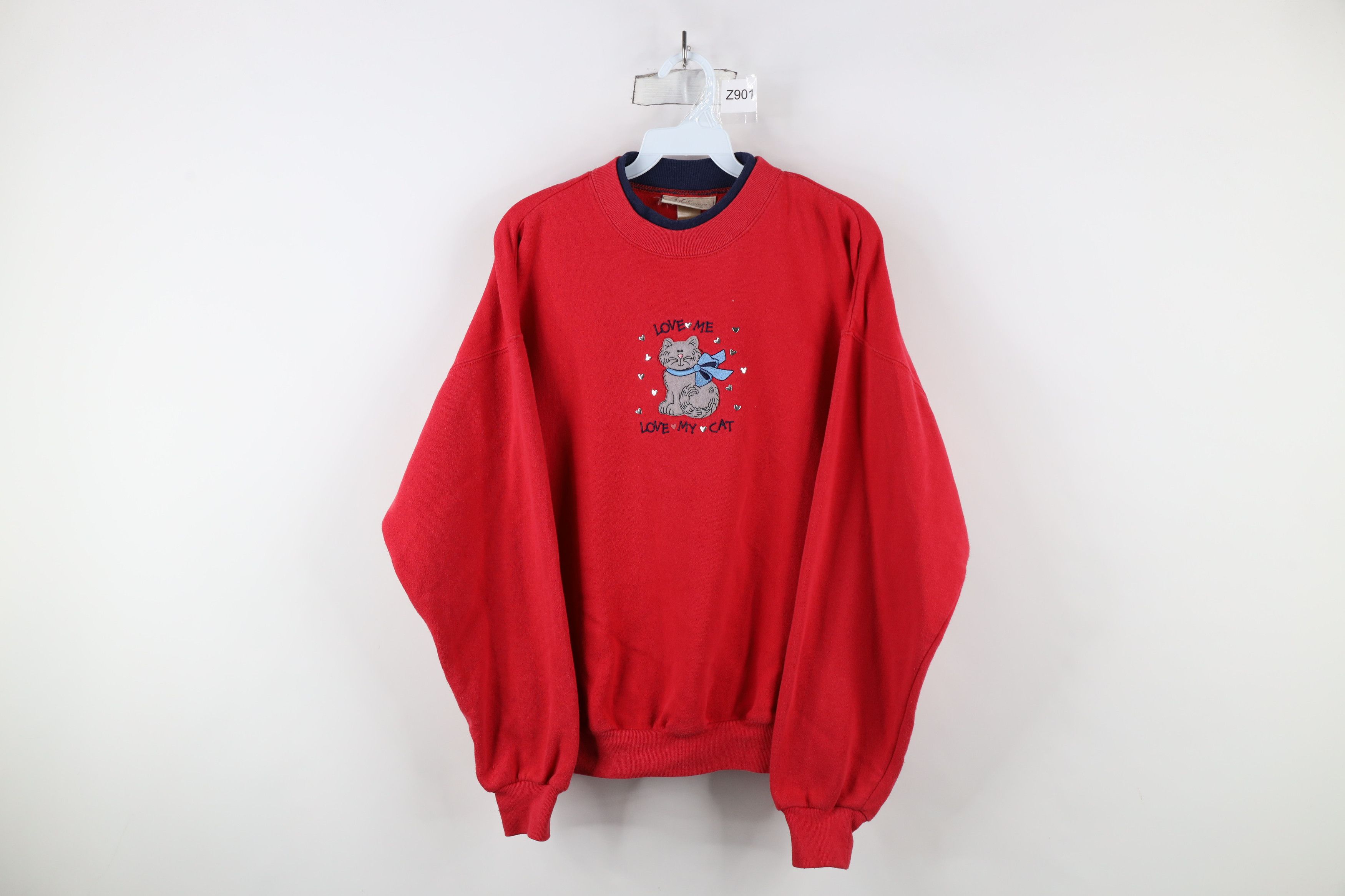 Vintage Vintage 90s Streetwear Love Me Love My Cat Sweatshirt Red Size L / US 10 / IT 46 - 1 Thumbnail