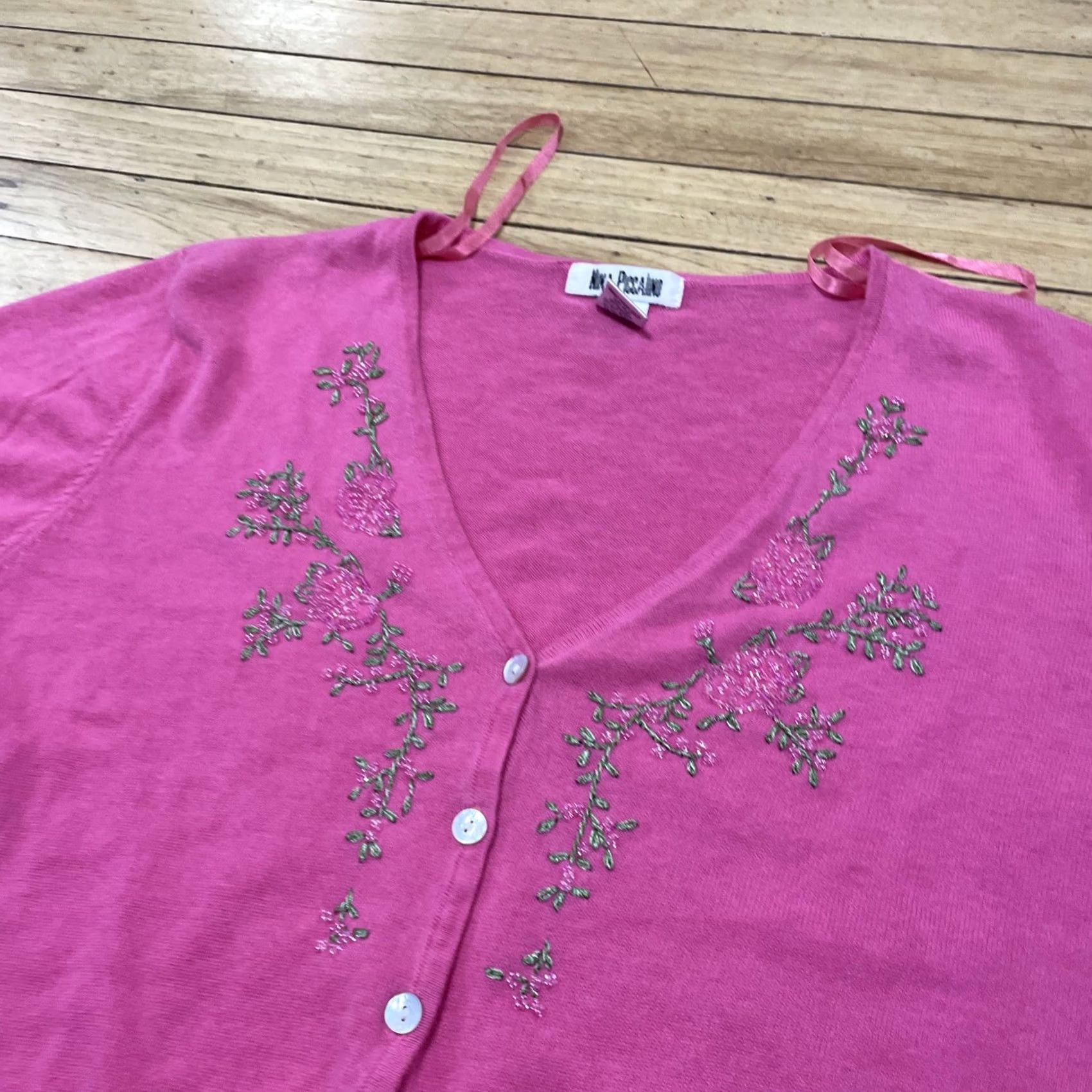Vintage Nina Piccalino Vtg 90s Pink Cardigan Knit Shirt Women Slim 16 Y2k Beaded Floral Size XXL / US 16-18 / IT 52-54 - 5 Thumbnail