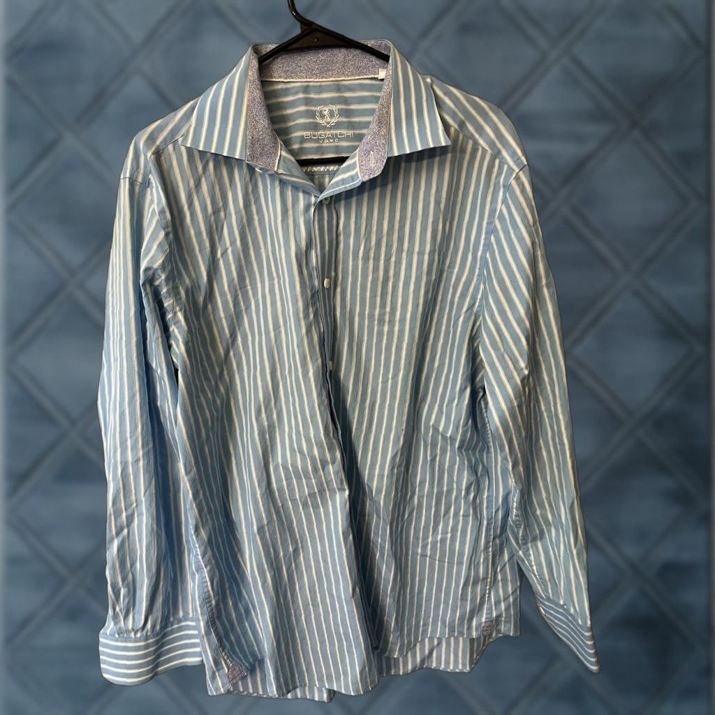 BUGATCHI Bugatchi Uomo Button-Up Shirt Mens Size 17.5 Classic Fit Blue Striped Size US XL / EU 56 / 4 - 1 Thumbnail