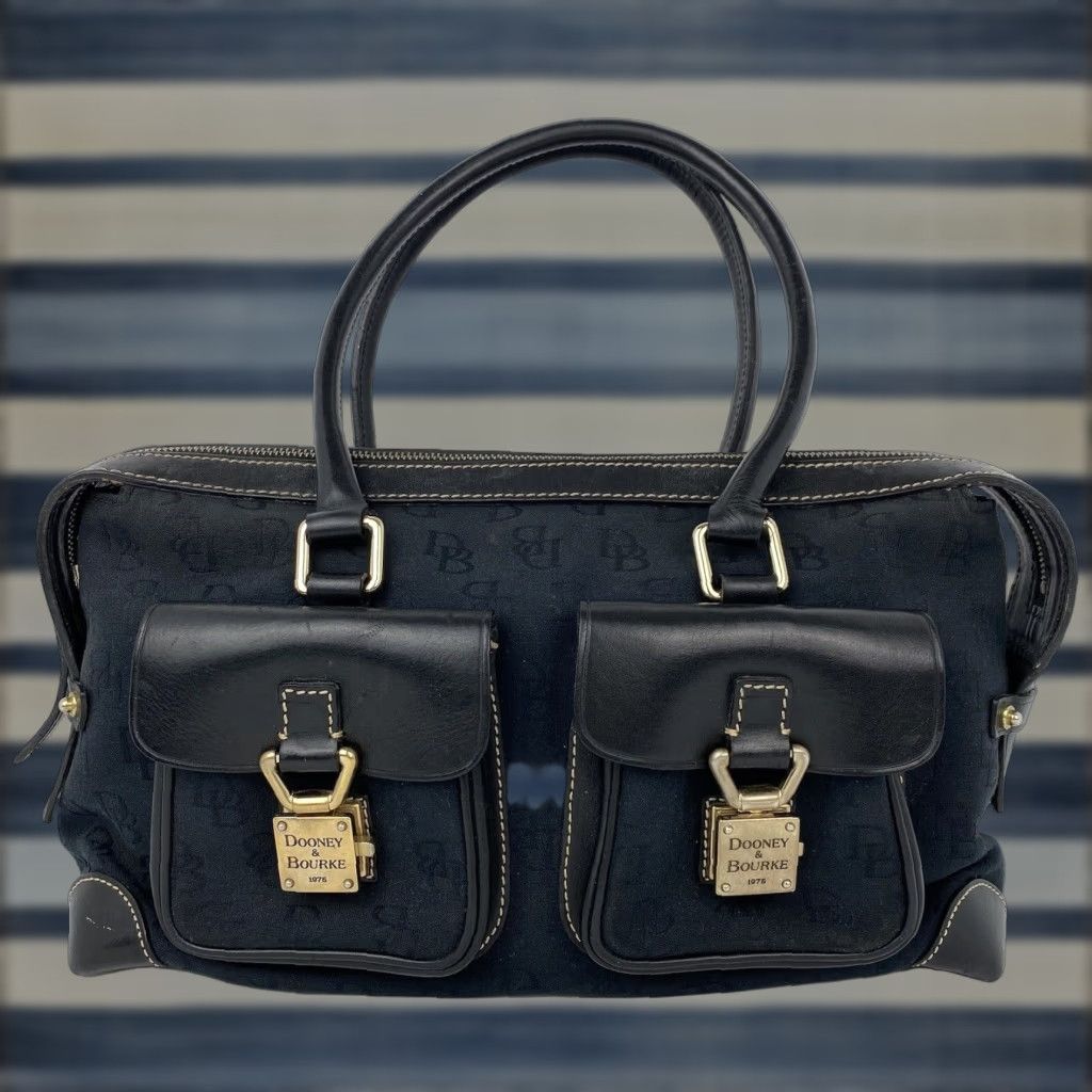 Dooney Bourke Dooney & Bourke Black Signature Logo Canvas Leather Satchel Handbag Medium Womens in White
