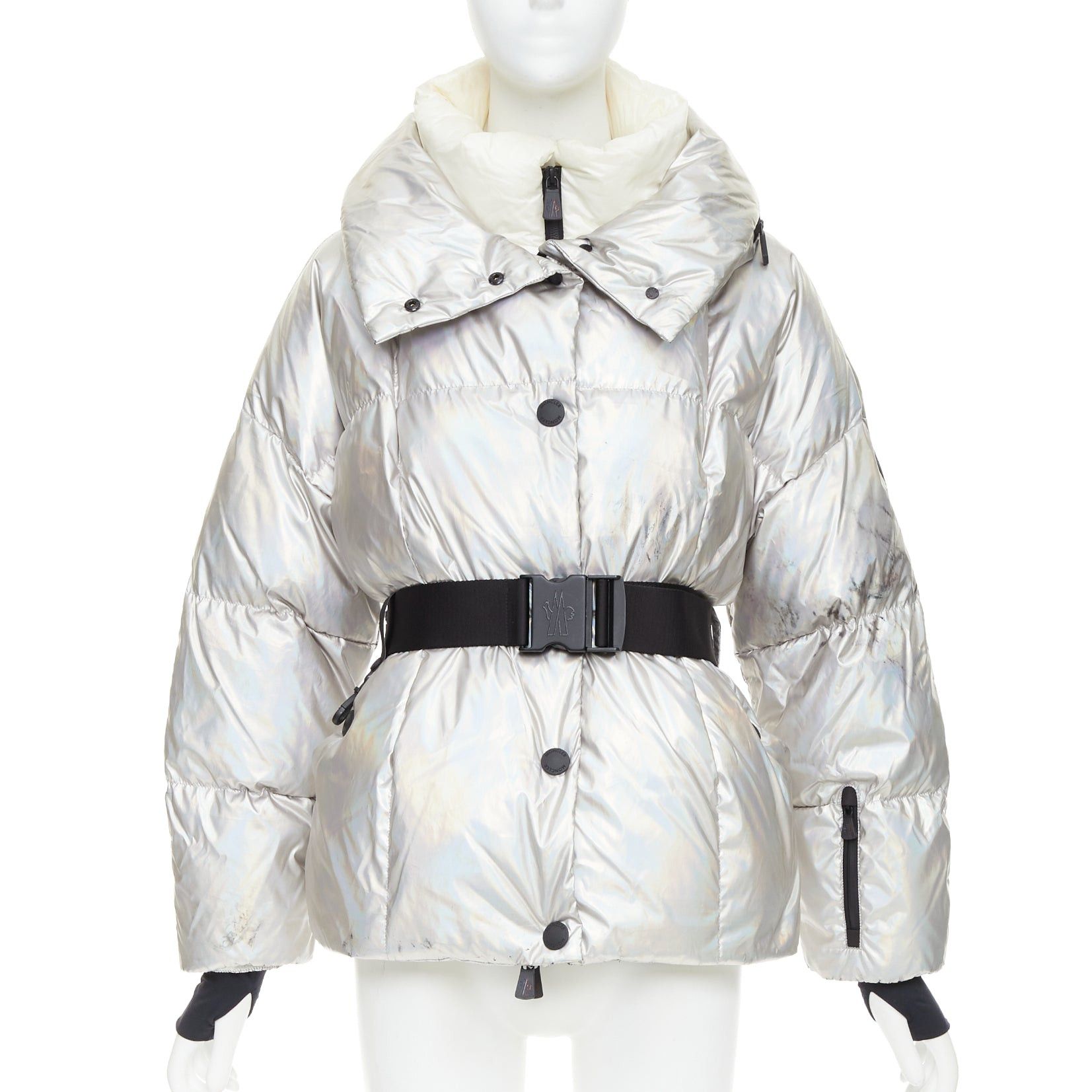 Moncler MONCLER Ollignan holographic silver duo collar belted puffer ski jacket Sz.0 XS Size S / US 4 / IT 40 - 1 Thumbnail