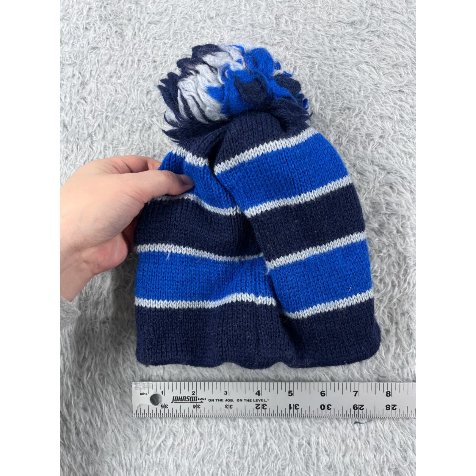 Vintage Smiley Beanie Adult One Size Blue Knit Stripe Wool Spandex Winter Pom Ski Hat/Cap Beanie Mens Womens Unisex Adults Knit Style Logo Ski 90s Size ONE SIZE - 4 Thumbnail