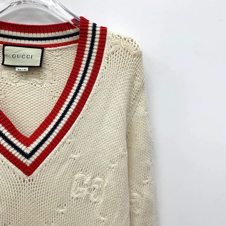 Gucci Gucci Beige striped logo jacquart full-print wool V-neck lo Size S / US 4 / IT 40 - 3 Thumbnail