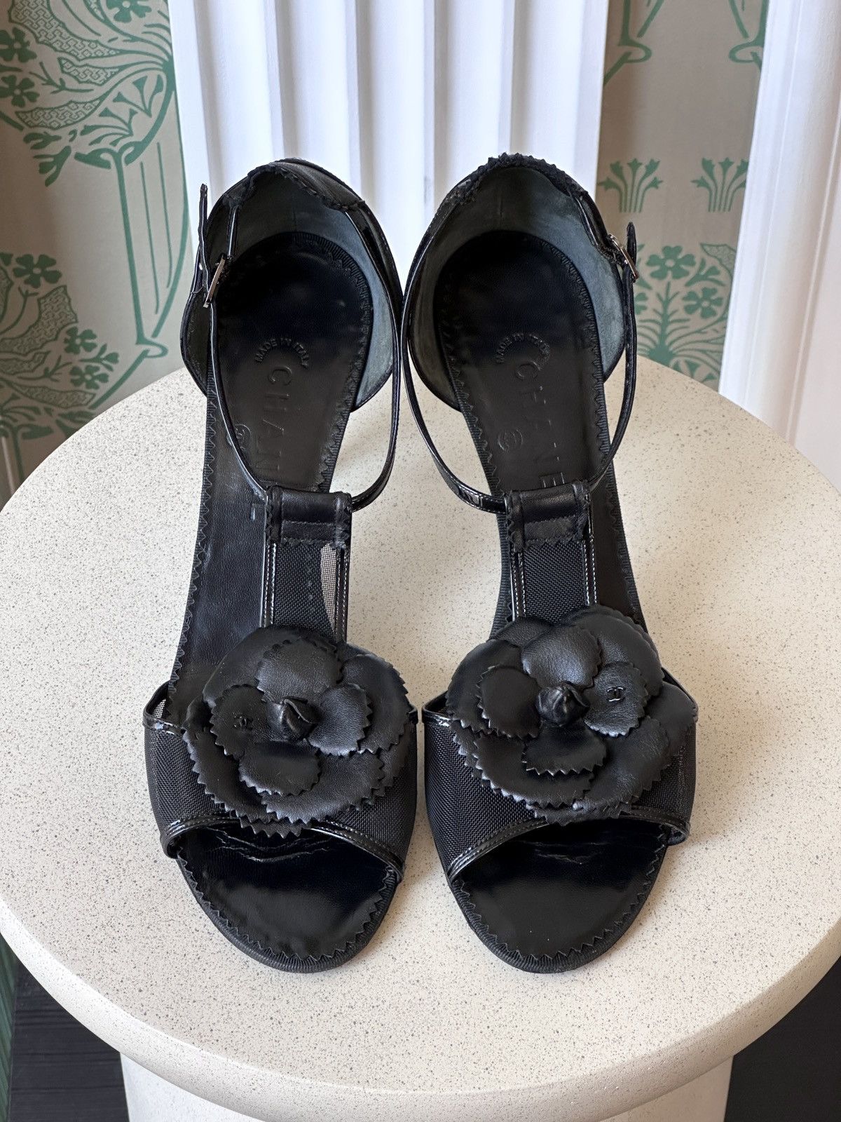 Chanel CHANEL Black Camellia Ankle Strap Mesh Leather Heels 42 Size US 11 / IT 41 - 1 Thumbnail