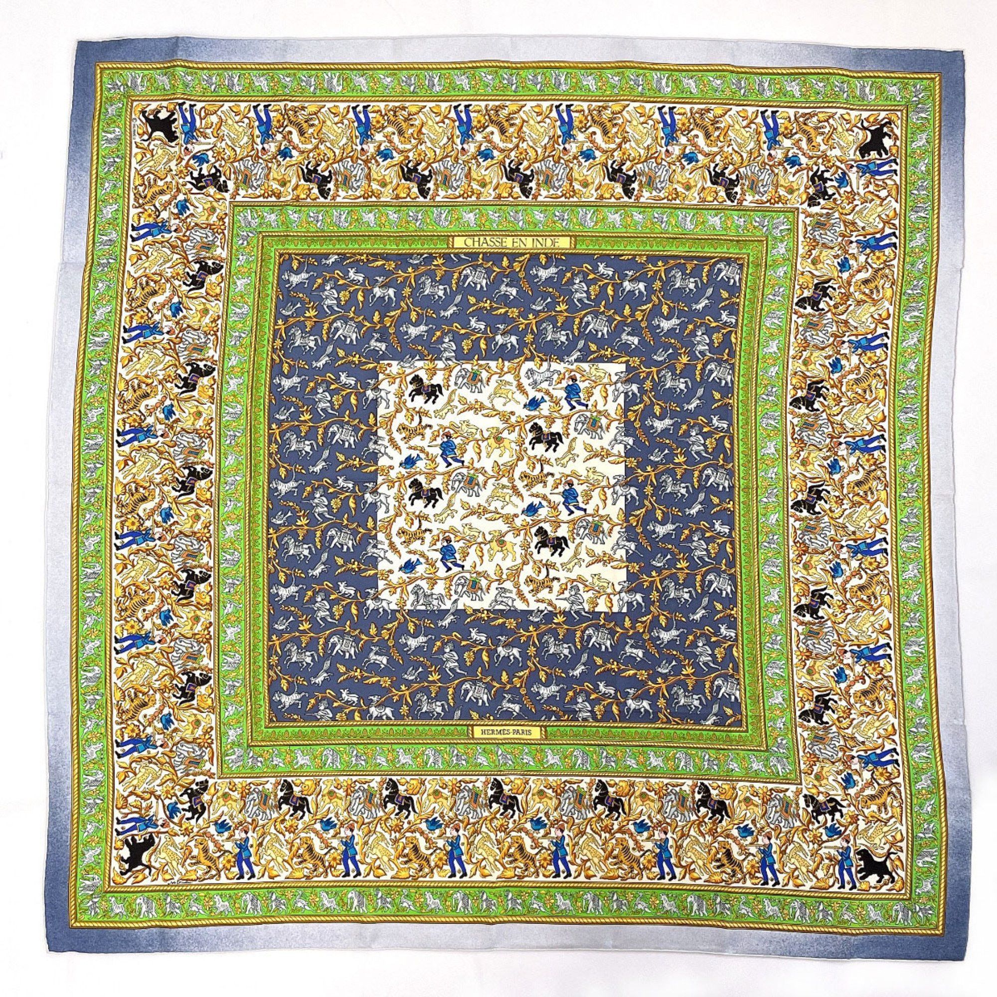 image of Hermes Carre 90 Chasse En Inde Indian Hunting Scarf Silk Muffler Green Women's N3123428 in Blue