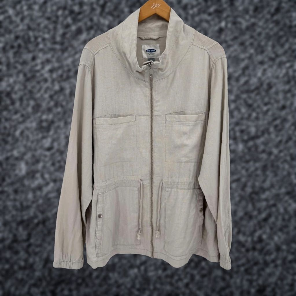Old Navy Linen Blend Utility Jacket Womens 2Xl Beige Full Zip Drawstring Anorak Casual Workwear Fashion