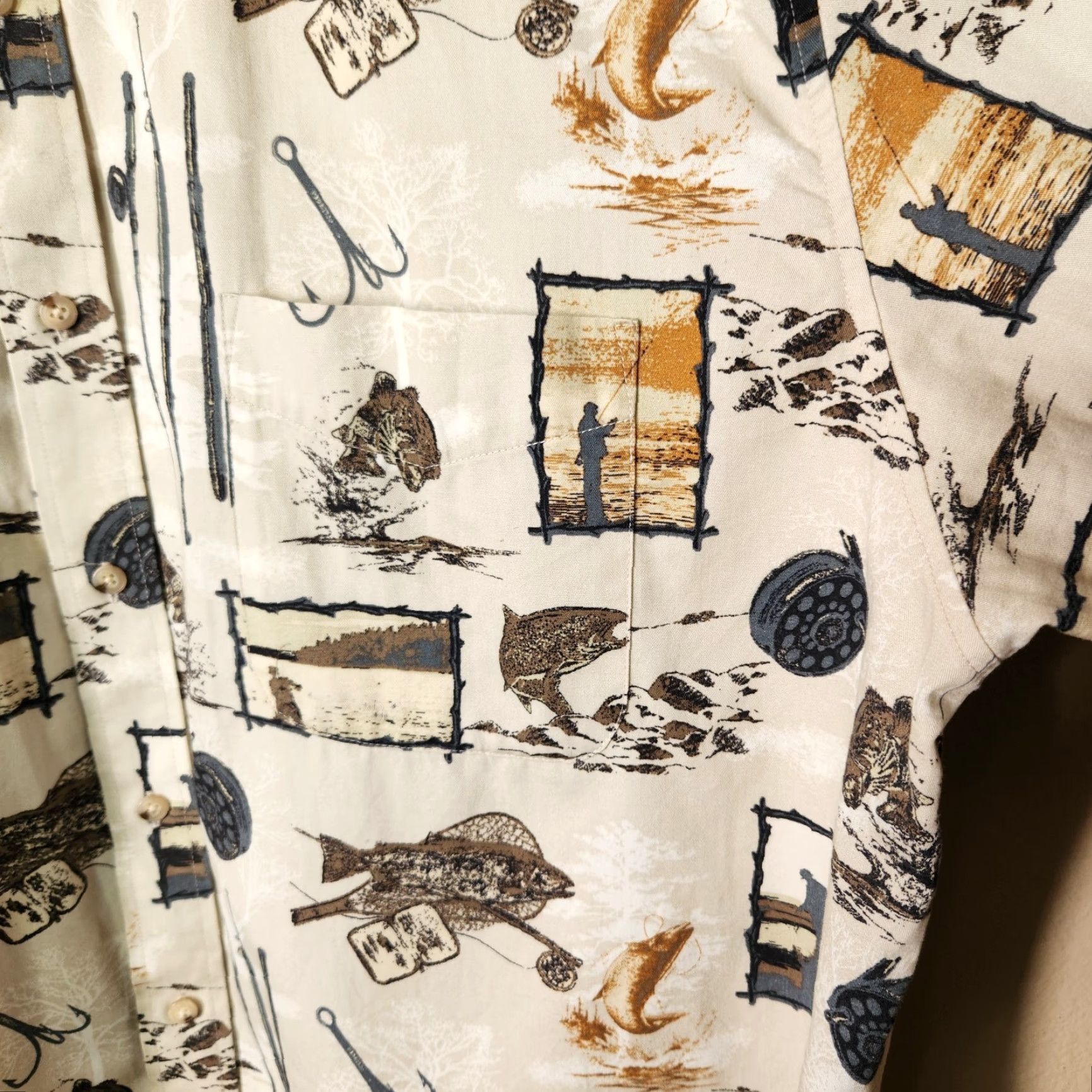 Vintage Natural Issue Fly Fishing Printed Button-Down Long Sleeve Cotton Shirt XL Men Beige Casual Shirts Mens Size US XL / EU 56 / 4 - 5 Thumbnail