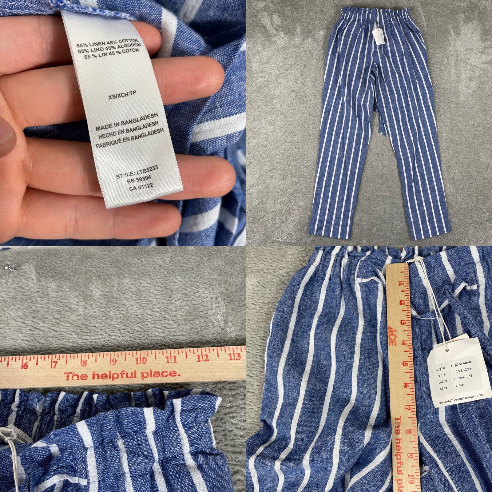 Vintage BeachLunchLounge Pants XS Blue Striped Linen Blend Drawstring Coastal Womens Size 26" / US 2 / IT 38 - 8 Thumbnail