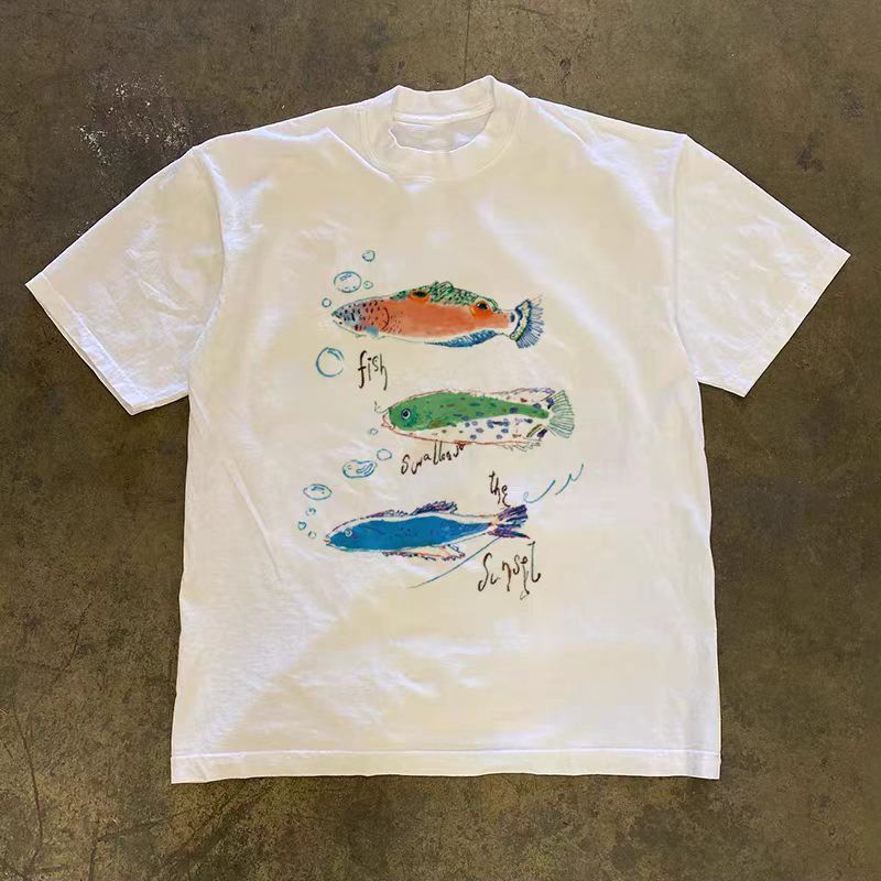 Vintage White Casual Retro T-Shirt with Fish Print Size US M / EU 48-50 / 2 - 1 Thumbnail