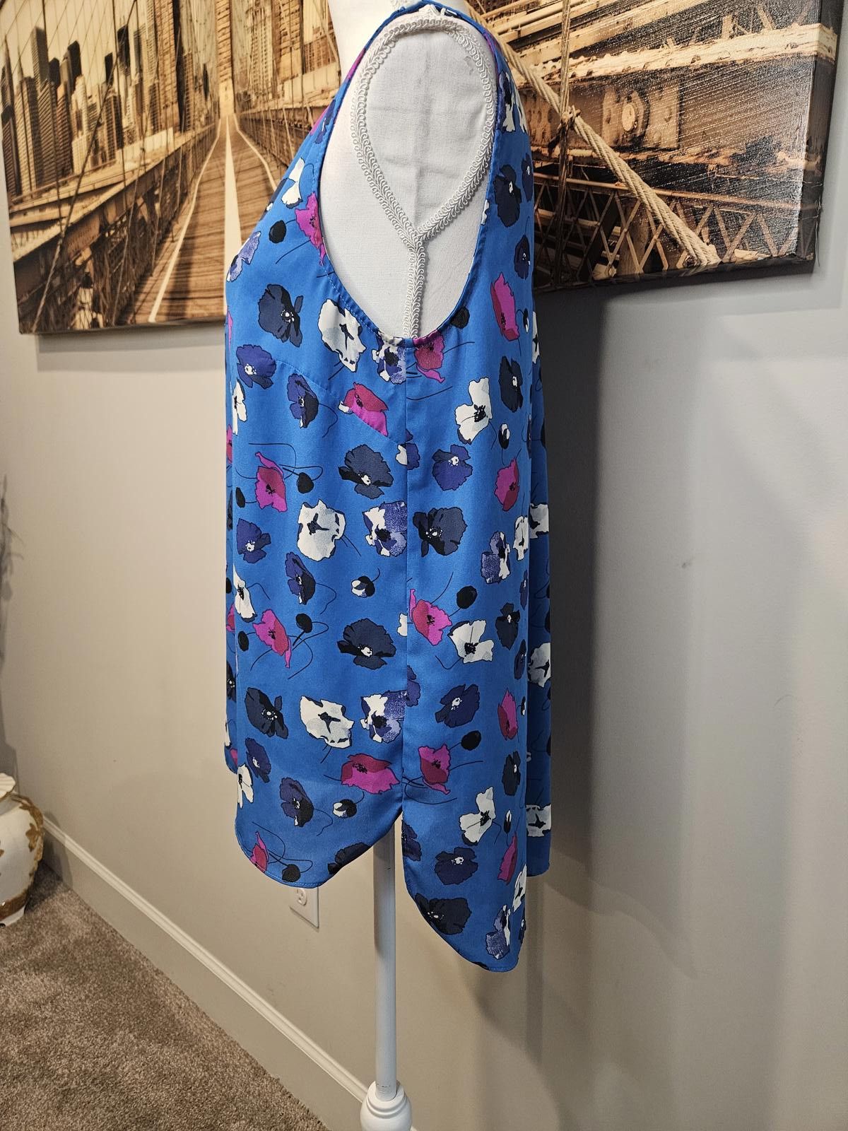 Designer Adrianna Papell Stylish Blue Floral Sleeveless Top#132 Size L / US 10 / IT 46 - 2 Thumbnail