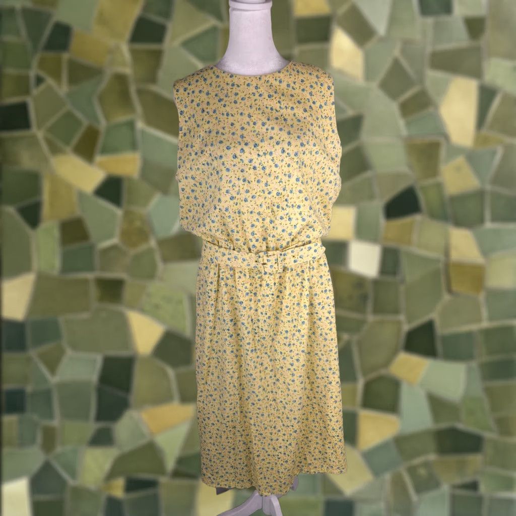 flannel gold dress VINTAGE Womens 14 Yellow Blue Floral Belted Light Flannel Cottagecore Midi GIRLS