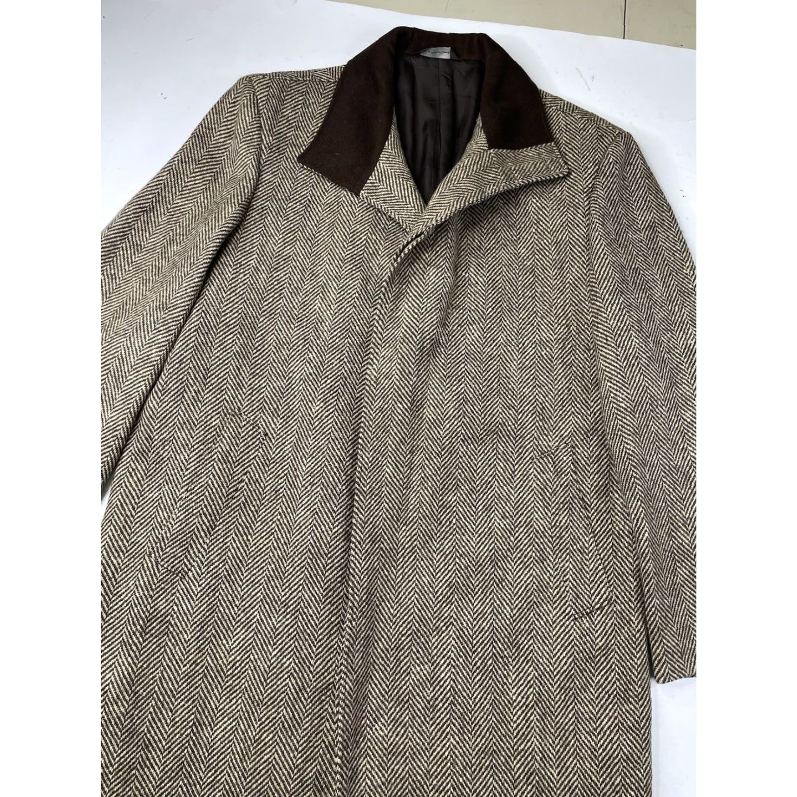 Joseph Abboud JOSEPH ABBOUD Herringbone Tweed Wool Trench Overcoat Full Length Jacket Mens 42L Size US XS / EU 42 / 0 - 2 Thumbnail
