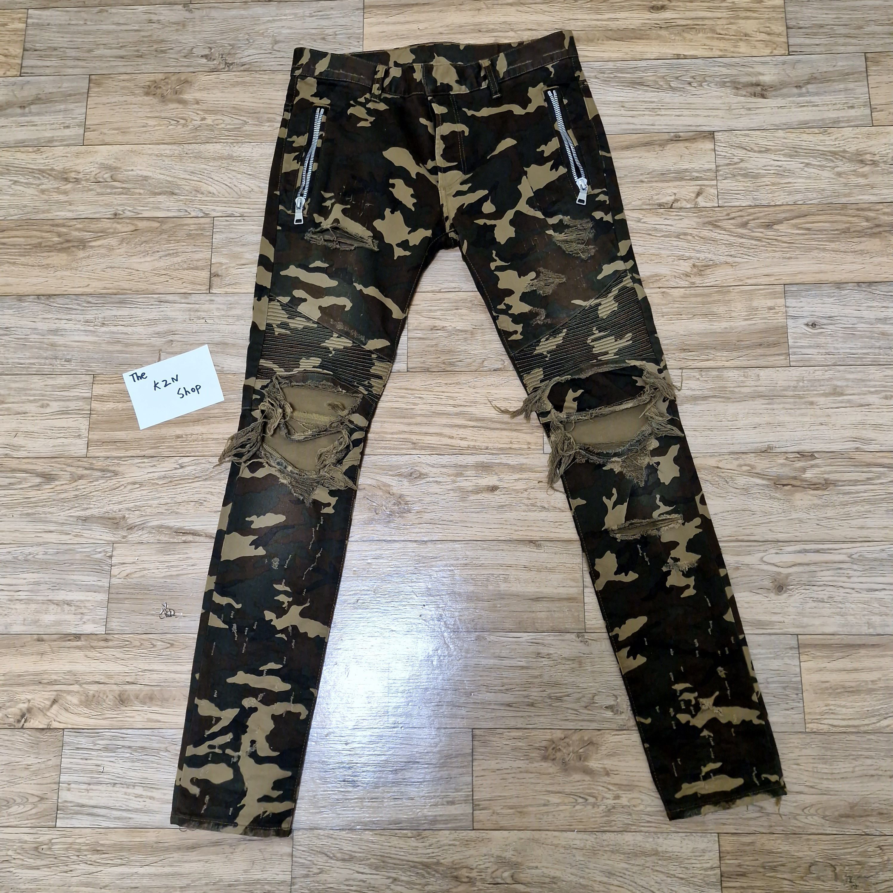 image of Balmain Distressed Camouflage Biker Denim Jeans, Men's (Size 30)