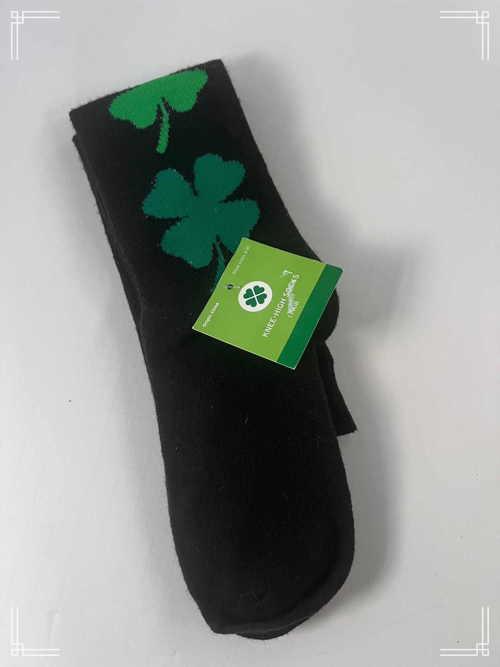 Designer Black Knee-High Shamrock Socks for St. Patrick's Day Size ONE SIZE - 1 Thumbnail