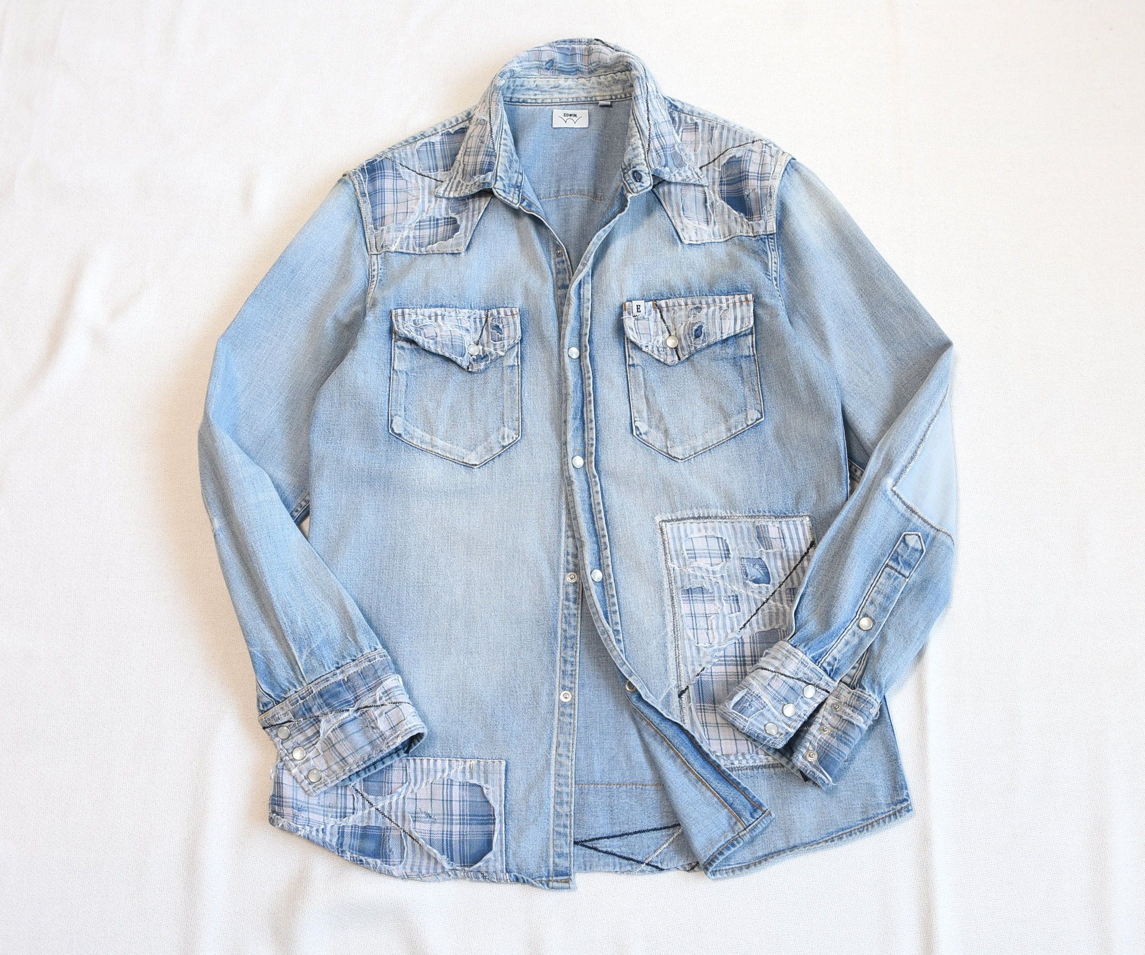 Edwin × Japanese Brand EDWIN Vintage Repair Style Denim Shirt with Patchwork!! Size US M / EU 48-50 / 2 - 9 Thumbnail