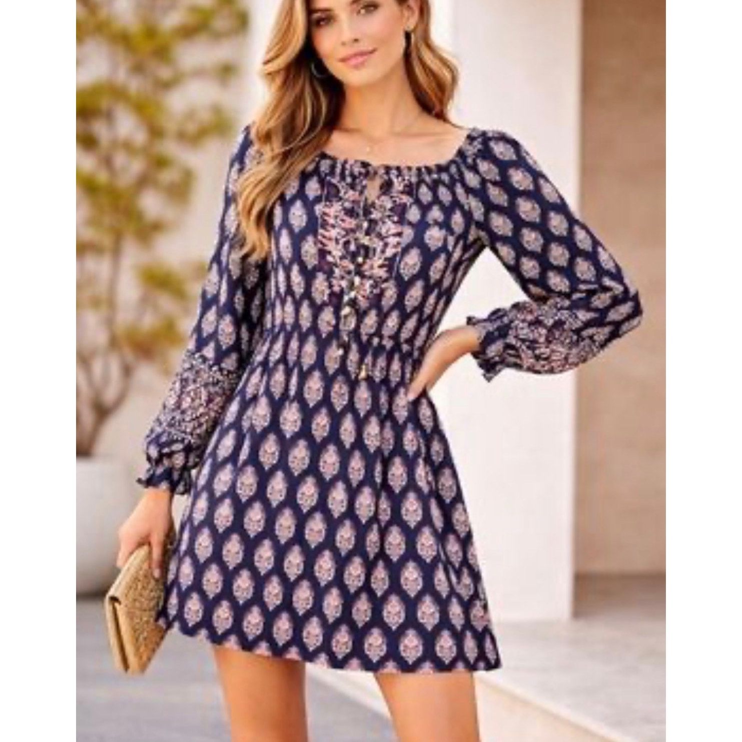 Other Angie Women's Boho Mini Paisley Blue 3/4 Sleeve Neck Dress S Size S / US 4 / IT 40 - 1 Thumbnail