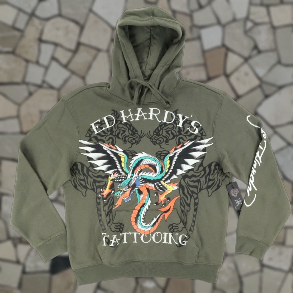 Ed Hardy Ed Hardy Dragon Tiger Tattoing Solid Long Sleeve Hoodie Green Men M Shirt Size US M / EU 48-50 / 2 - 1 Thumbnail