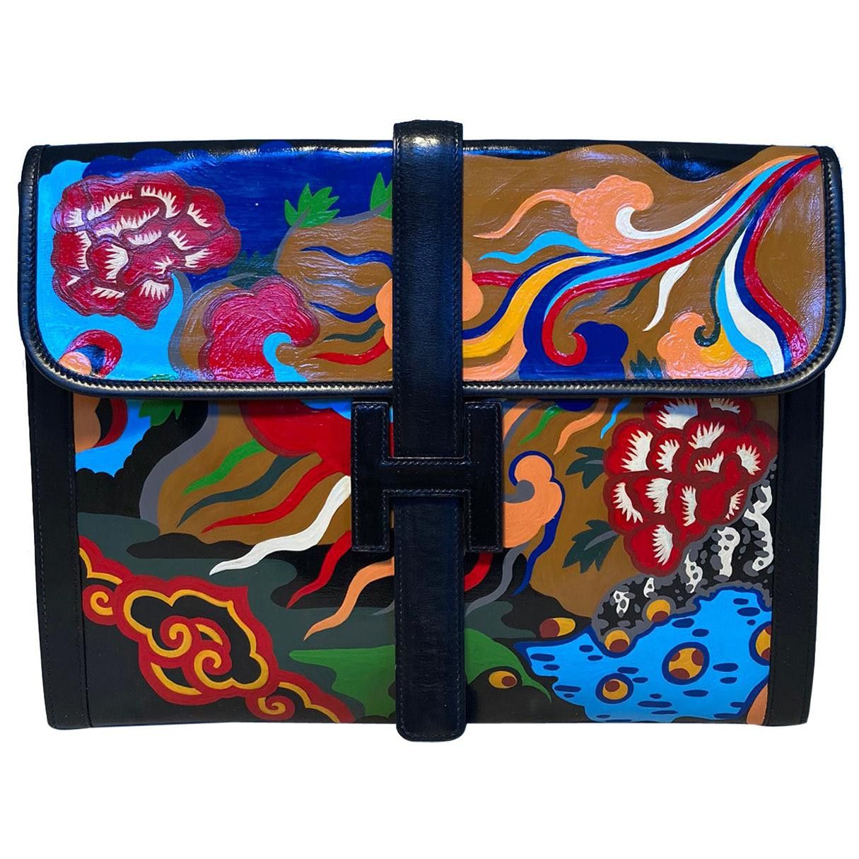 image of Hermes Hand Painted Jige 35 Clutch in Black, Women's