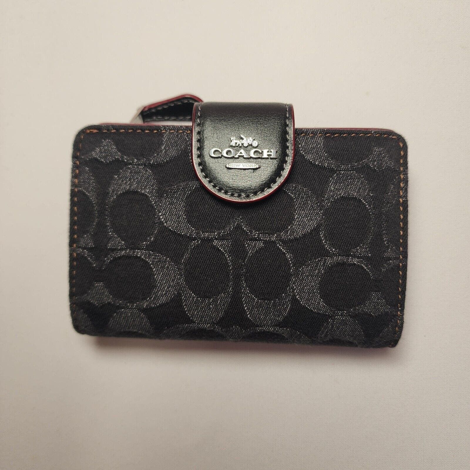 image of Coach Cp435 Medium Corner Zip Wallet Signature Denim Black, Women's