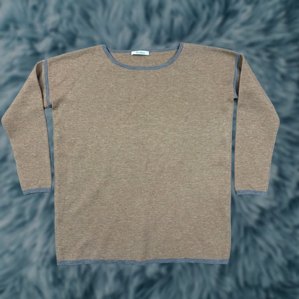 Max Mara MaxMara Sweater Crew Neck Wool Blend Cashmere Tan Grey Trim, 3/4 Sleeve, Size S, Womens, Casual Workwear Size S / US 4 / IT 40 - 1 Thumbnail