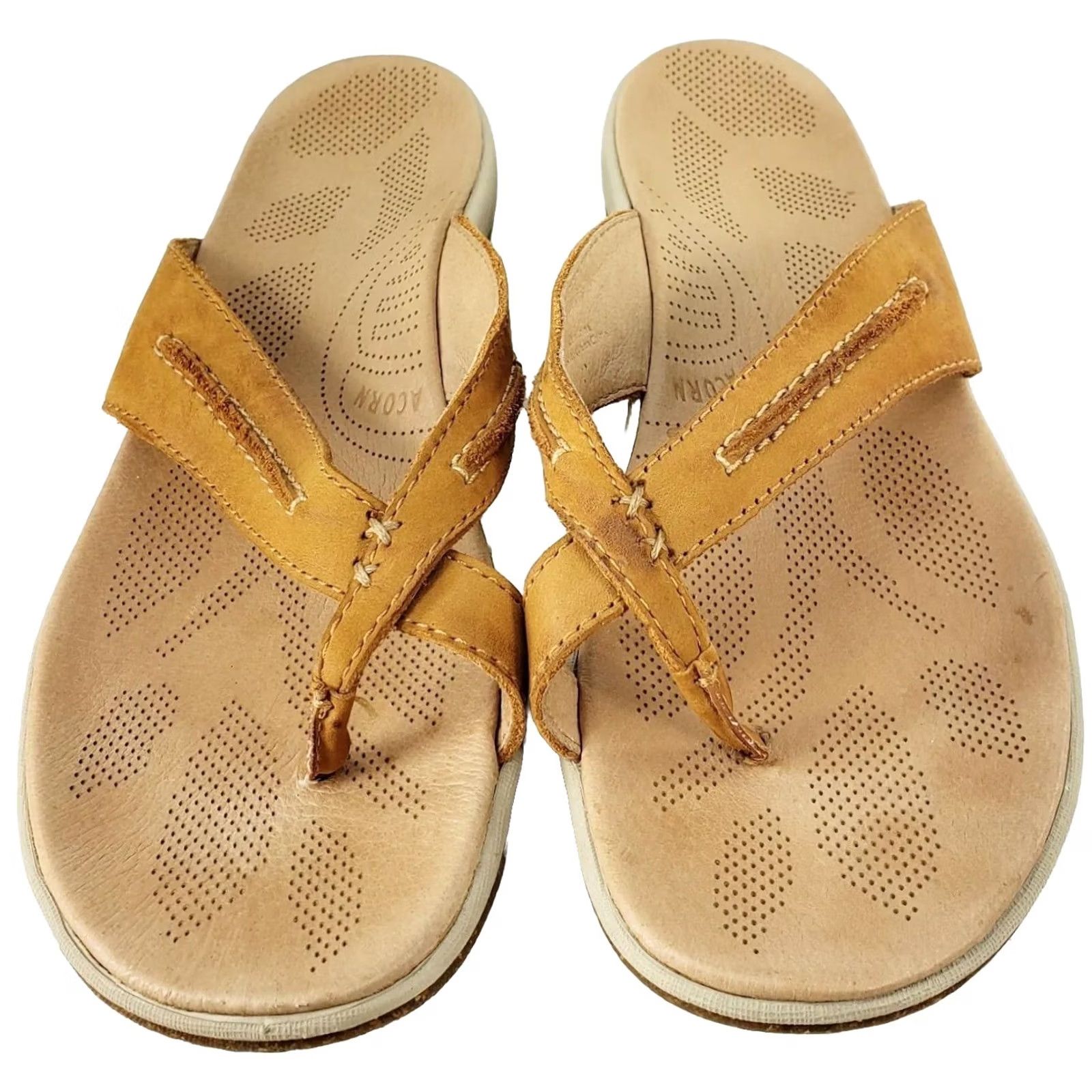 Vintage Acorn Thong Sandals Women's 10 Tan Leather Slip On Flat Heel Leather Footbed Great Support Size US 10 / IT 40 - 3 Thumbnail