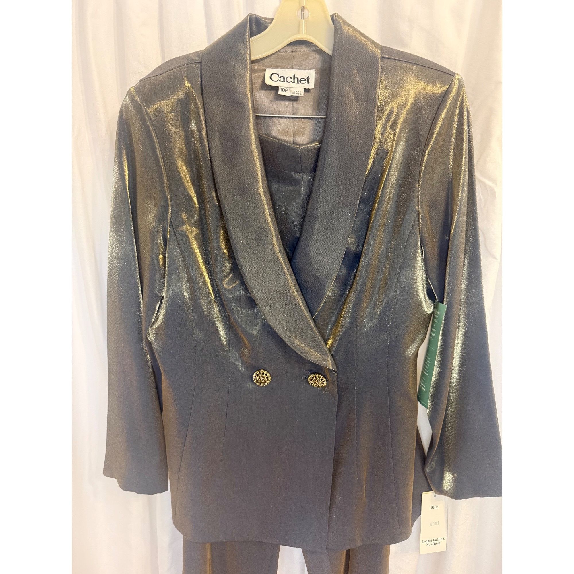 Other Vintage Cachet Womens Gold Blue Metallic Blazer & Pants Suit Size L / US 10 / IT 46 - 2 Thumbnail