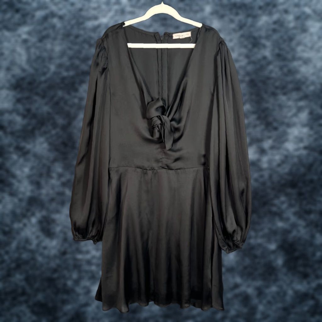 Vintage SOCIALITE Womens Small Black Satin Tie-Front Mini Dress Long-Sleeve Party/Cocktail Dress Size S / US 4 / IT 40 - 1 Thumbnail