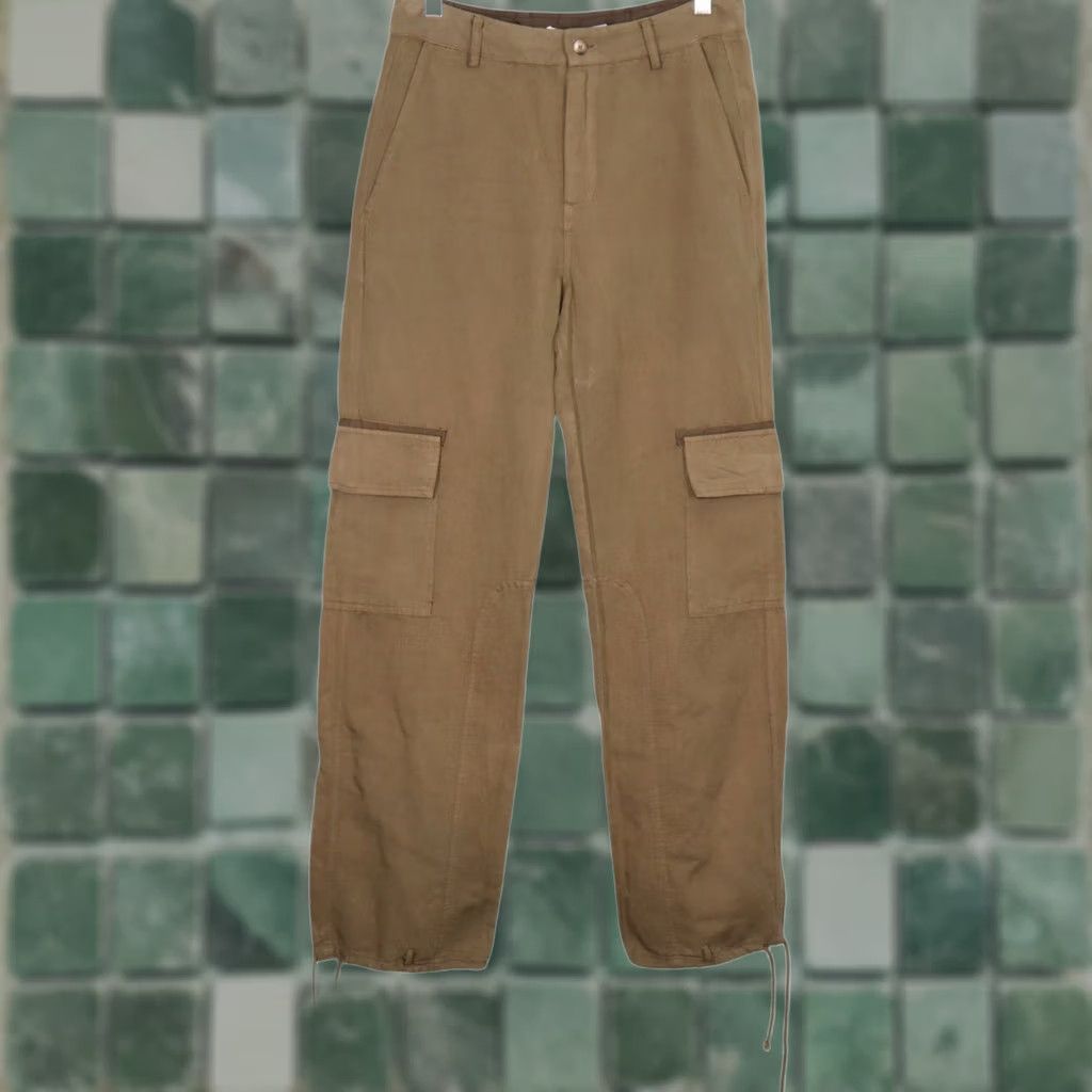 Vintage Burning Torch Cargo Pants Womens Size S Olive Brown Twill Cotton Linen Adjustable Hem Pockets Drawstring Casual 31 Inseam Size 28" / US 6 / IT 42 - 1 Thumbnail