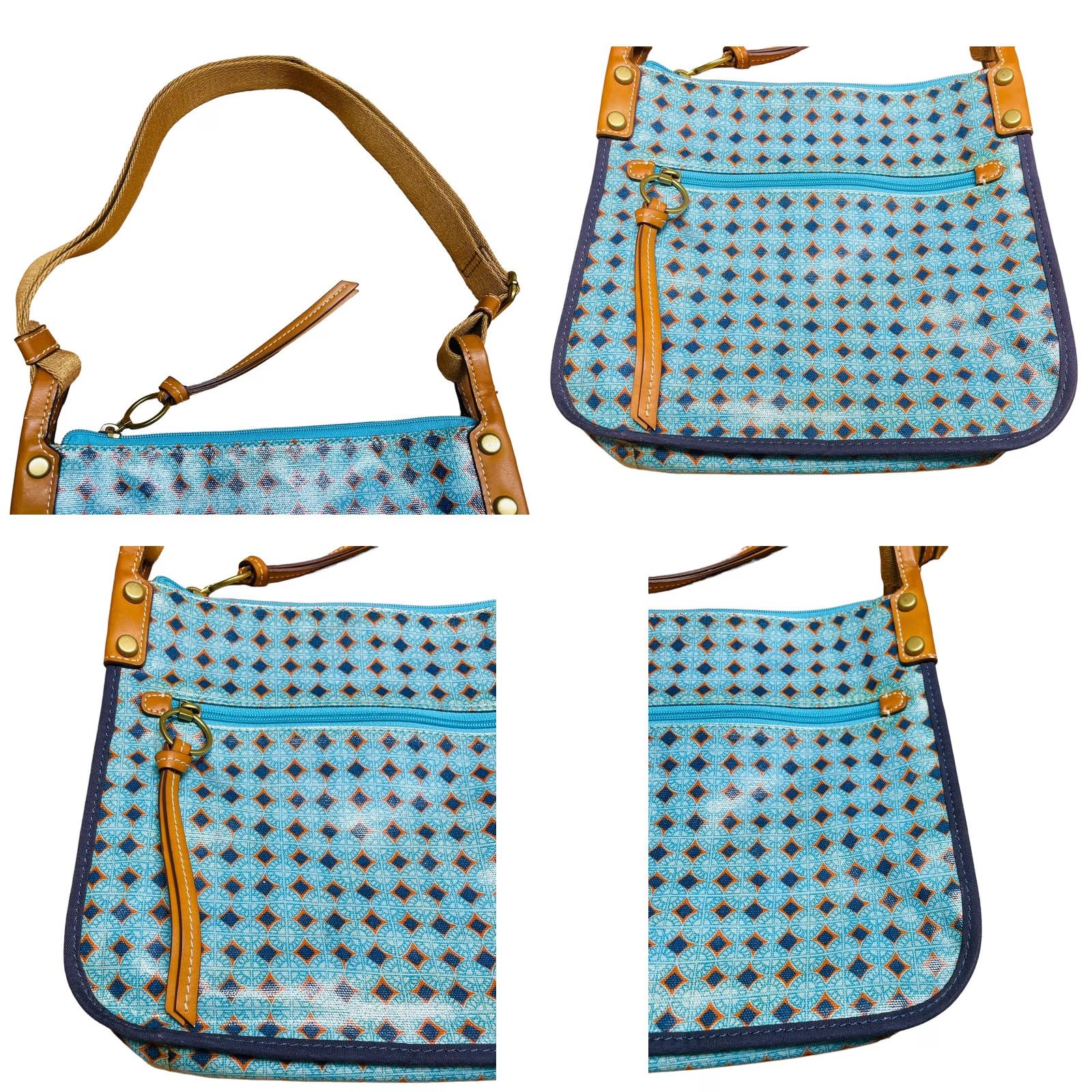 Fossil Fossil Kinley Crossbody Blue Crossbody Purse Women’s Vinyl Geometric Shape Tote Bag 90s Pattern Casual Travel Adjustable Strap Brown Hardware Size ONE SIZE - 11 Thumbnail