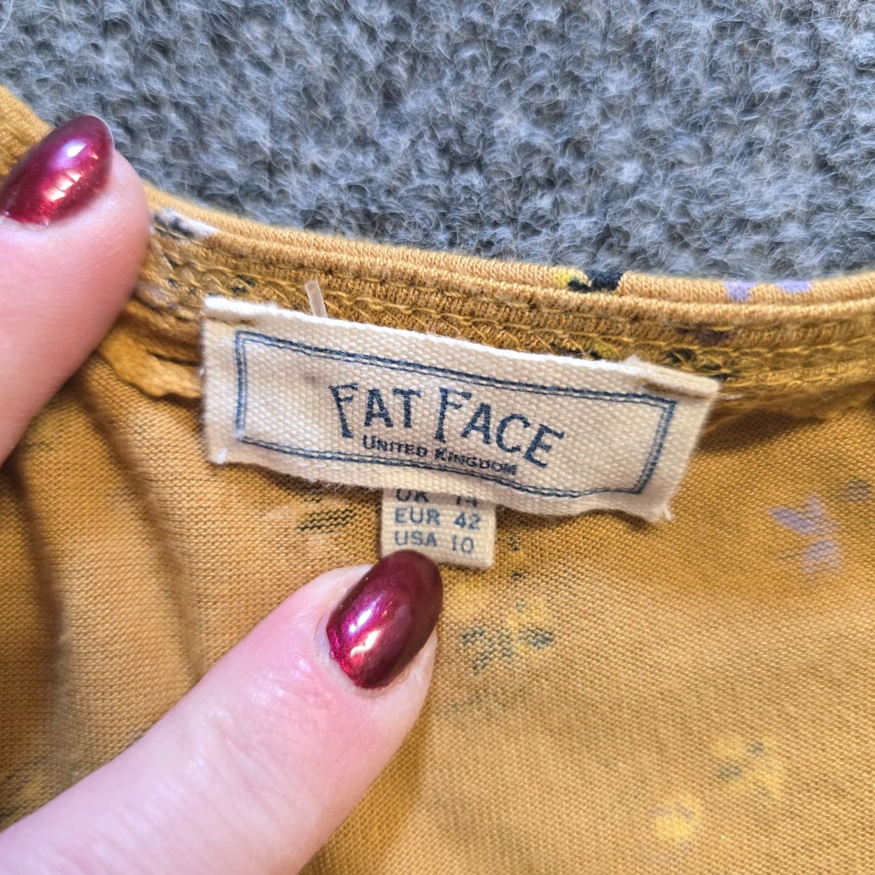 FatFace Fat Face Top Womens 10 Yellow Mustard Floral Popover Faux Wrap Casual Capsule Blouse Ladies Regular Knit Cotton Long Sleeve V-Neck Pockets Lightweight Size L / US 10 / IT 46 - 4 Thumbnail