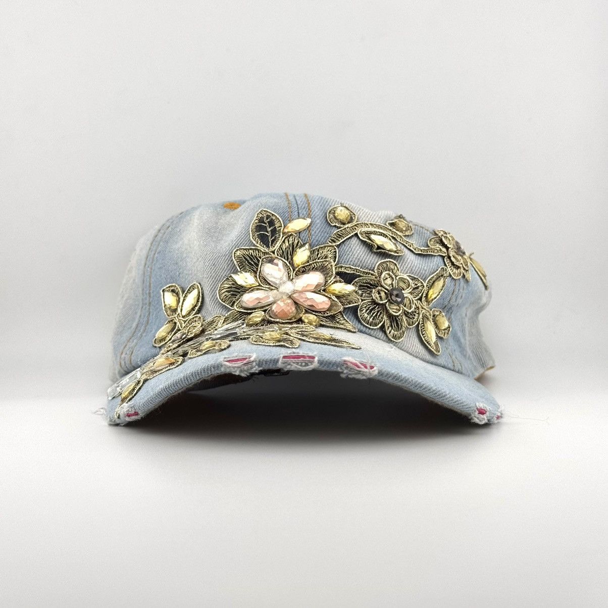 Japanese Brand Vtg Y2K Rhinestone Floral Denim Distressed Cap Size ONE SIZE - 1 Thumbnail