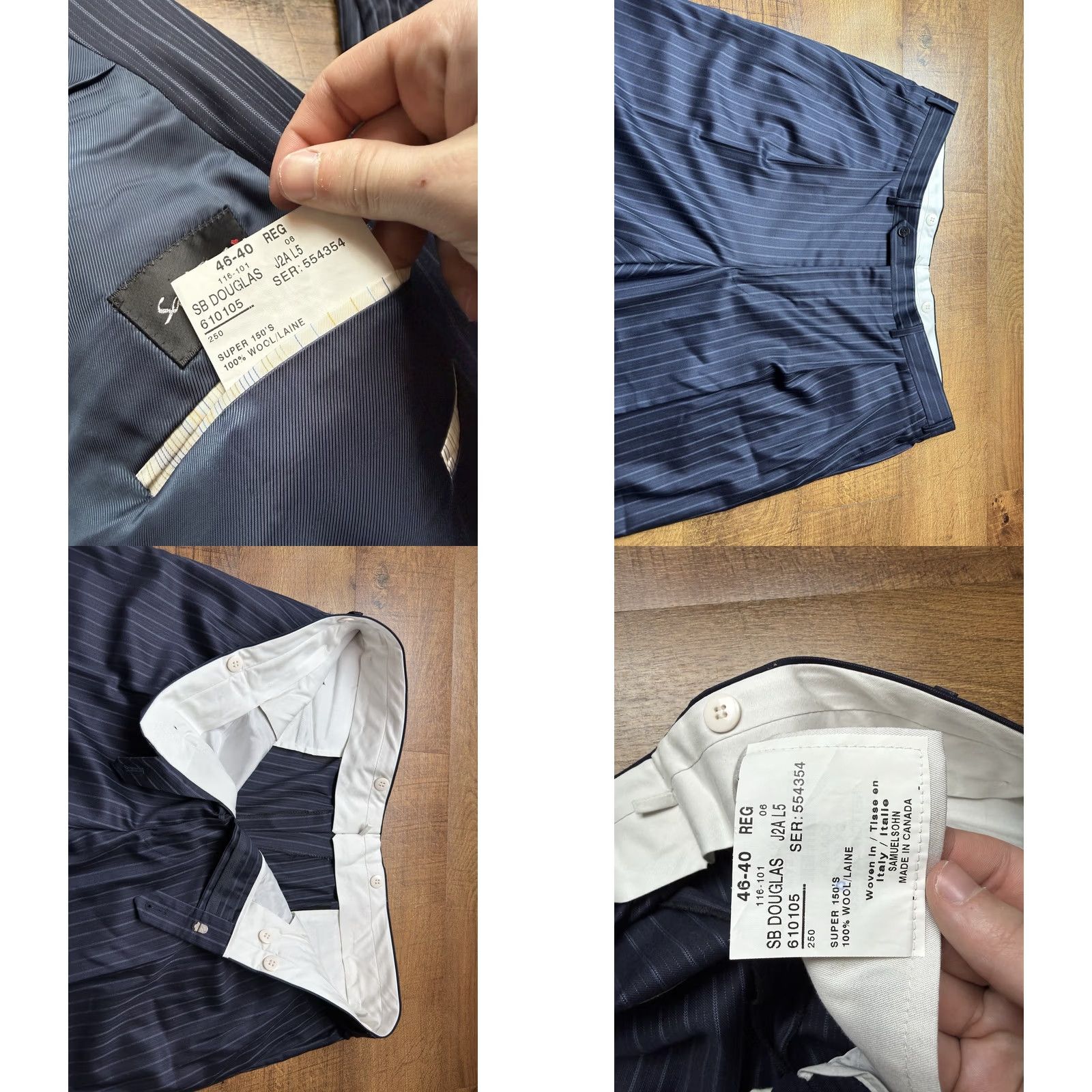 Vintage Samuelsohn Suit Mens 46 Blue Super 150s Wool 46R 40X28 Pinstripe Surgeon Cuffs Size 46R - 8 Thumbnail