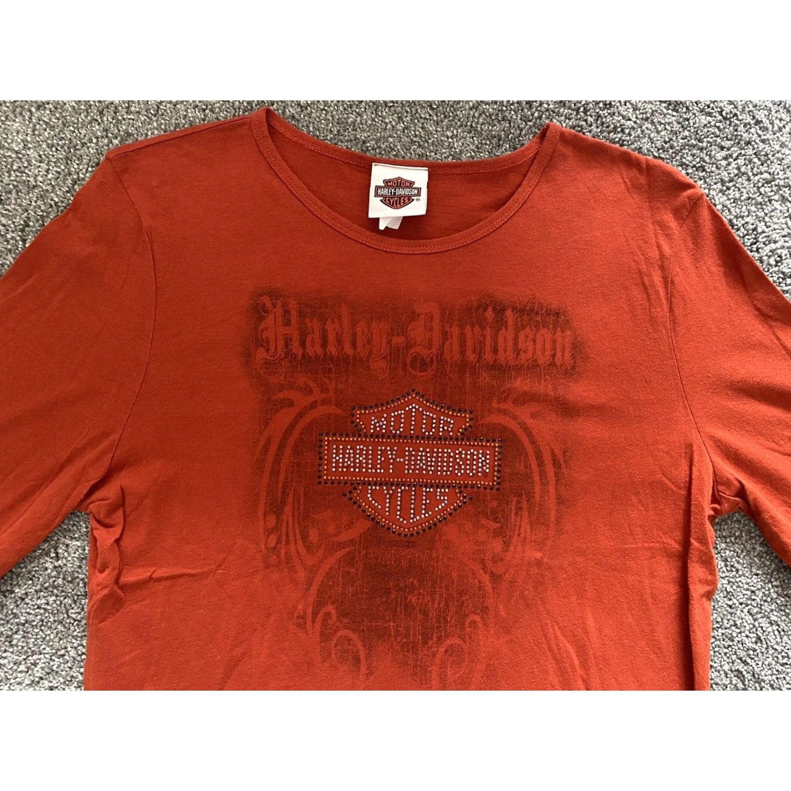 Harley Davidson Harley-Davidson Shirt Women’s Long Sleeve Orange Bedazzled XL Rhinestone RK Stratman Motorcycle Biker Classic Pullover X-Large Size XL / US 12-14 / IT 48-50 - 6 Thumbnail