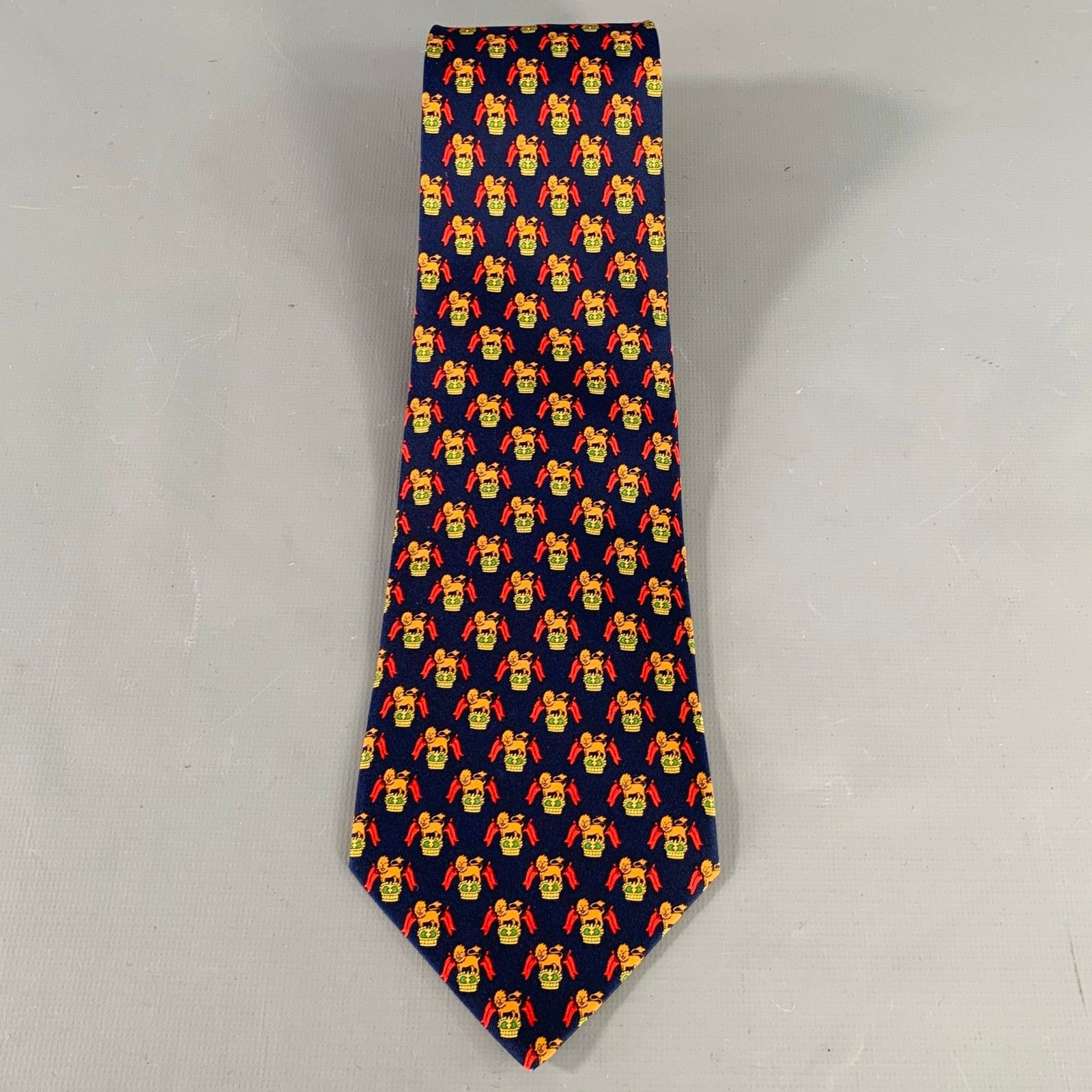 Salvatore Ferragamo SALVATORE FERRAGAMO Navy Red Orange Lion Crest Silk Tie Size ONE SIZE - 3 Thumbnail