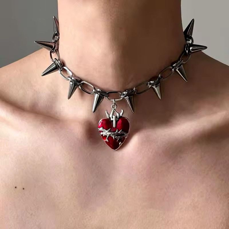 Jewelry Punk Gothic Skull Red Heart Necklace Chain Size ONE SIZE - 5 Thumbnail