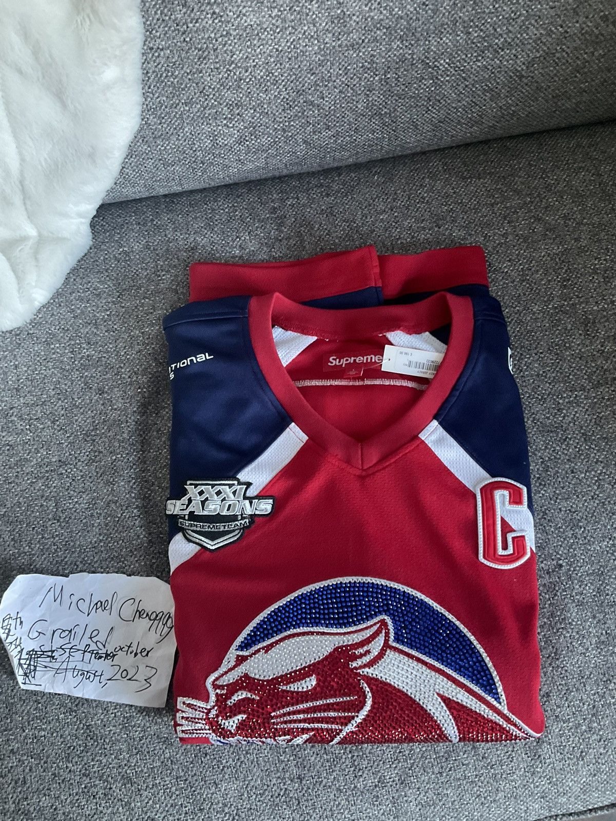 Supreme Supreme rhinestone hockey jersey red | Grailed