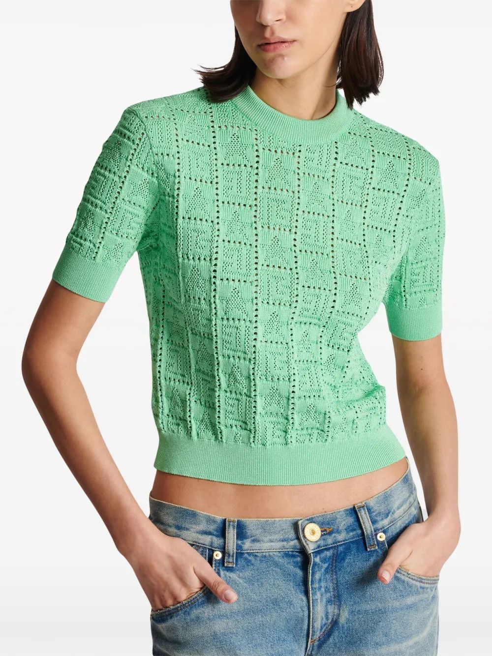 Balmain o1s1wg110825 Monogram Jacquard Top in Green Size S / US 4 / IT 40 - 3 Thumbnail