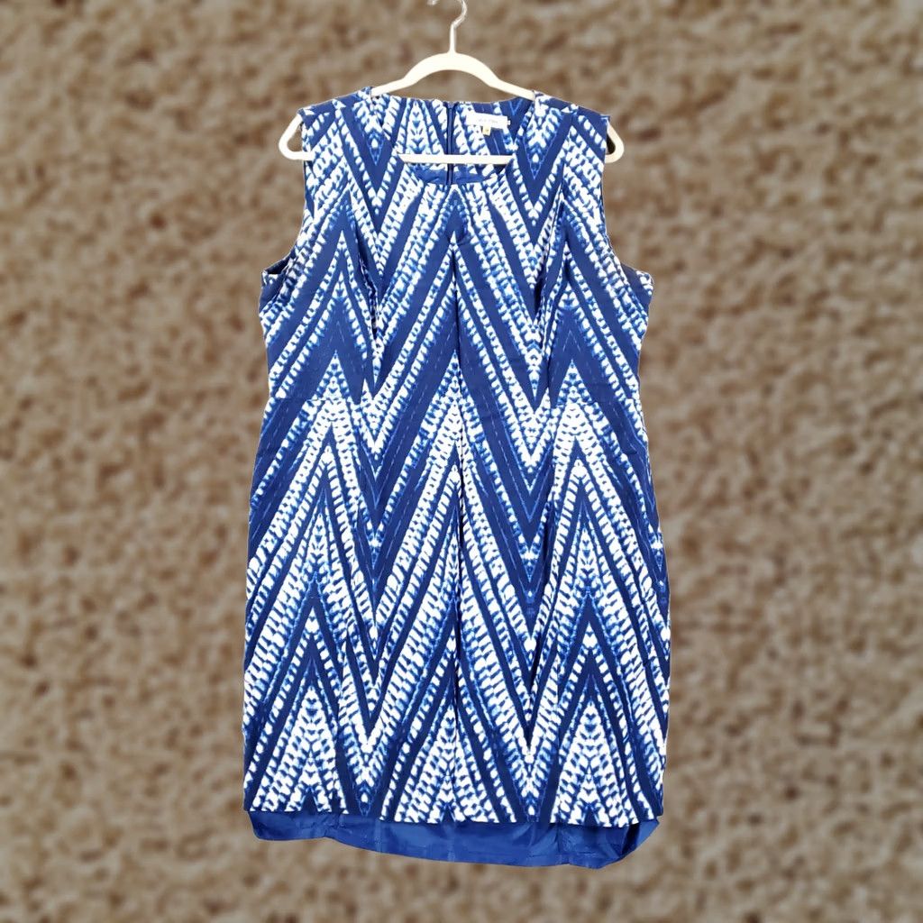 Calvin Klein Calvin Klein Linen Dress Womens Size 16 Blue White Zig Zag Tie Dye Lined Dress Size XXL / US 16-18 / IT 52-54 - 1 Thumbnail