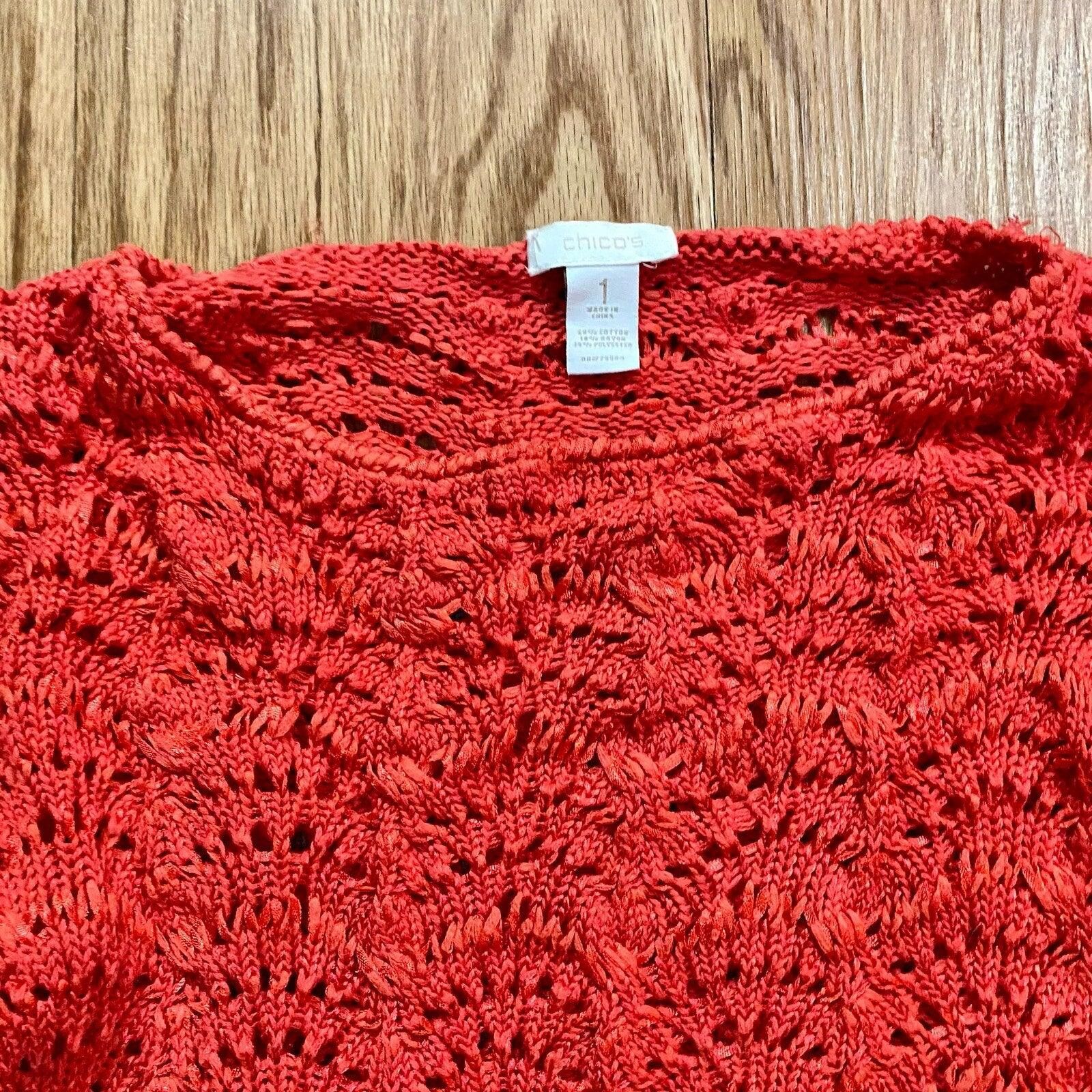 Chicos Chicos Bright Red Crochet Knit Sweater Top Womens 1 Medium Size M / US 6-8 / IT 42-44 - 3 Thumbnail
