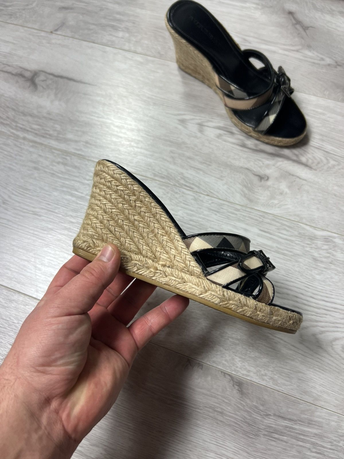 Burberry Women’s Nova Check Leather Wedge Espadrille Sandals