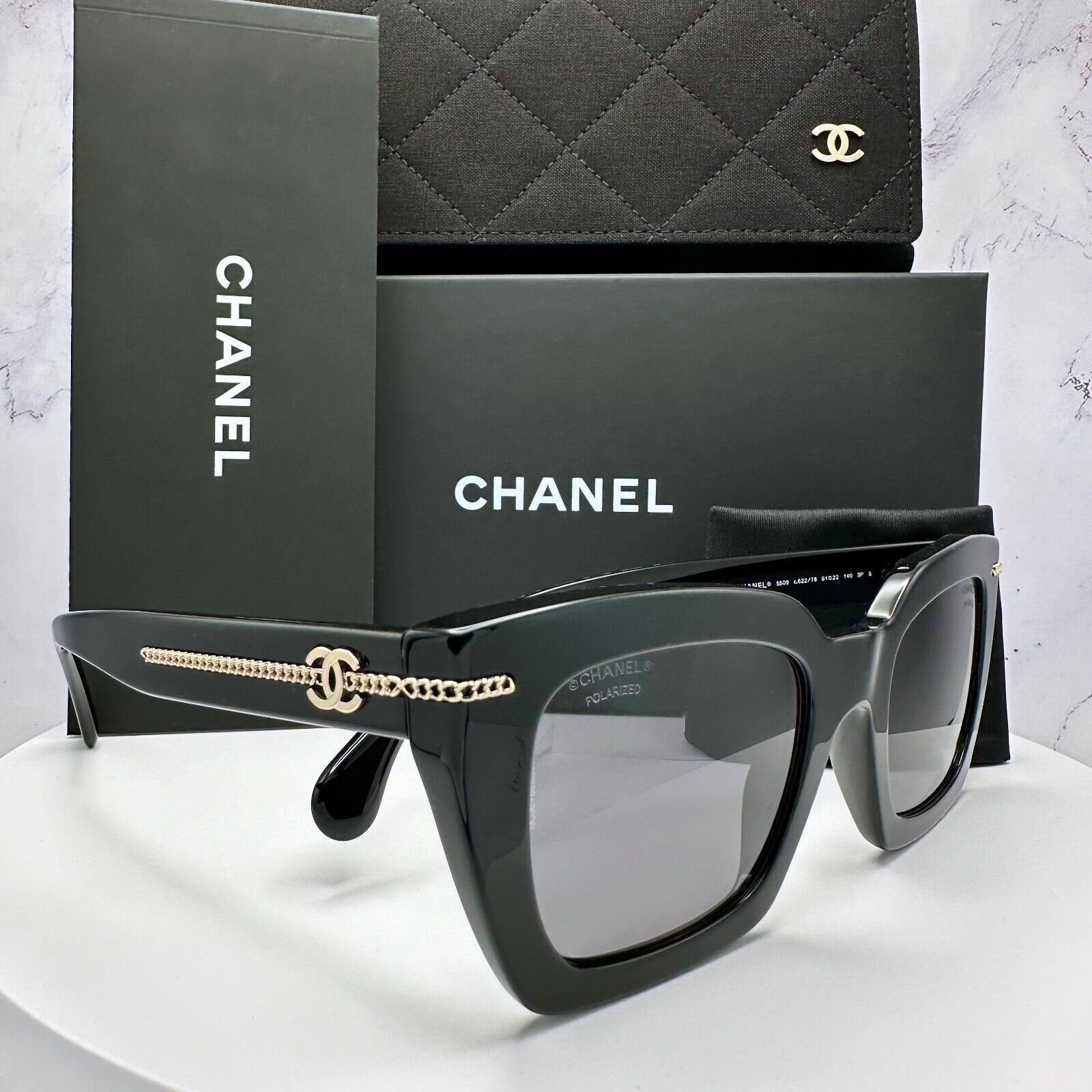 New CHANEL Sunglasses Black Polarized Gold Chain CC Logo