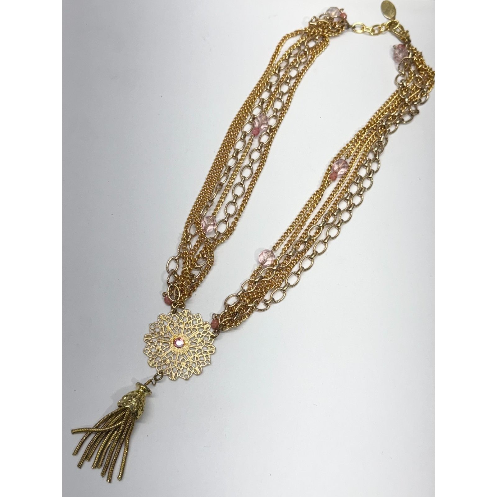 Vintage Vintage pink multi chain pink crystal filigree tassel neckla Size ONE SIZE - 4 Thumbnail