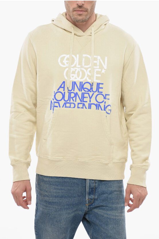 image of Golden Goose Logo Print Brushed Cotton Hoodie in Beige, Men's (Size Large)